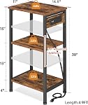 Asgolion Tall End Table with Charging Station, 3 Tier Narrow Tall Nightstand with Storage, Slim Side Table with USB Ports and Outlets for Bedroom, Living Room, Office, Rustic Brown and Black