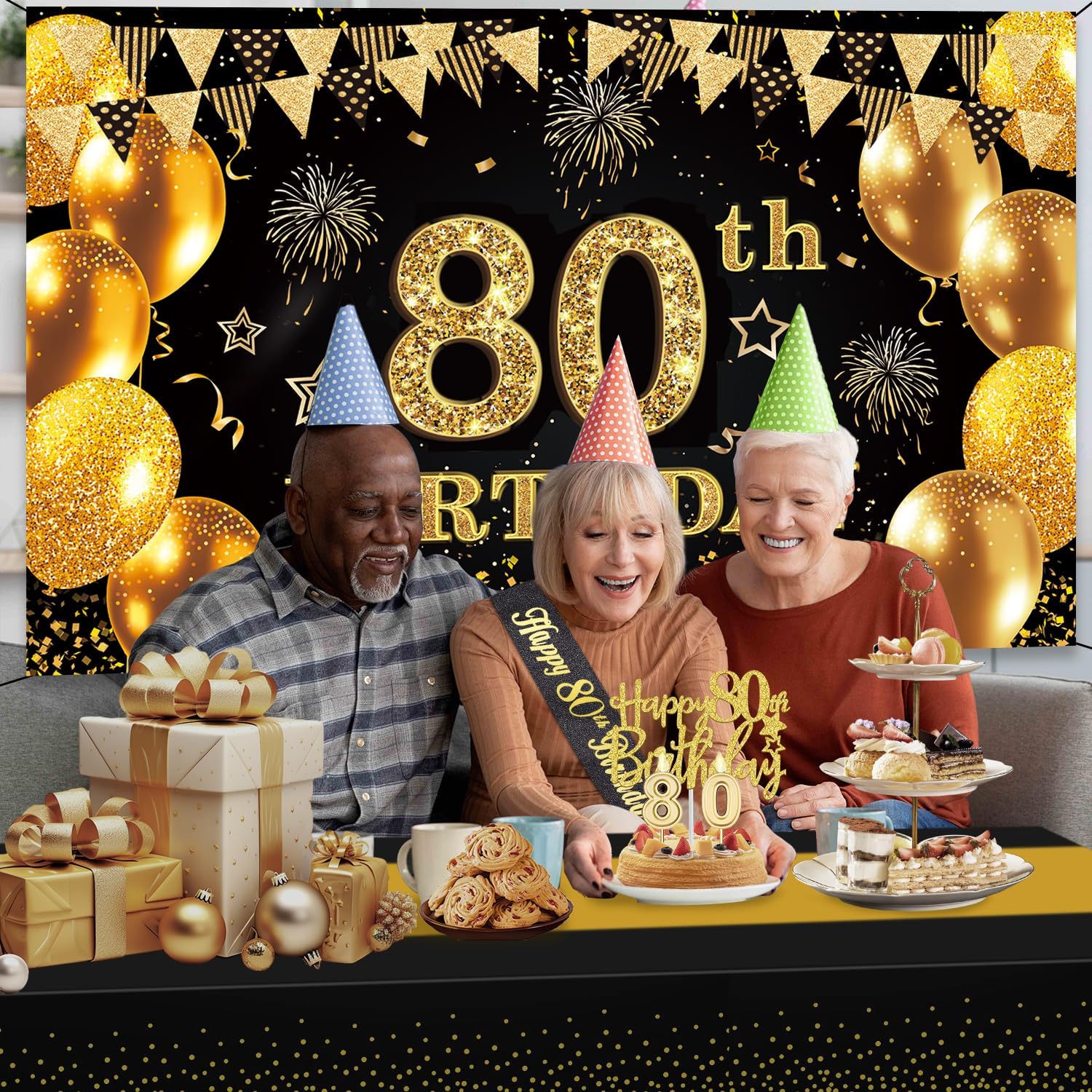 80th Birthday Decorations Men Women with 80th Birthday Banner, Black and Gold Table Cloth, Number Balloons, Large Sash, Cake Topper and Candles - Image 3
