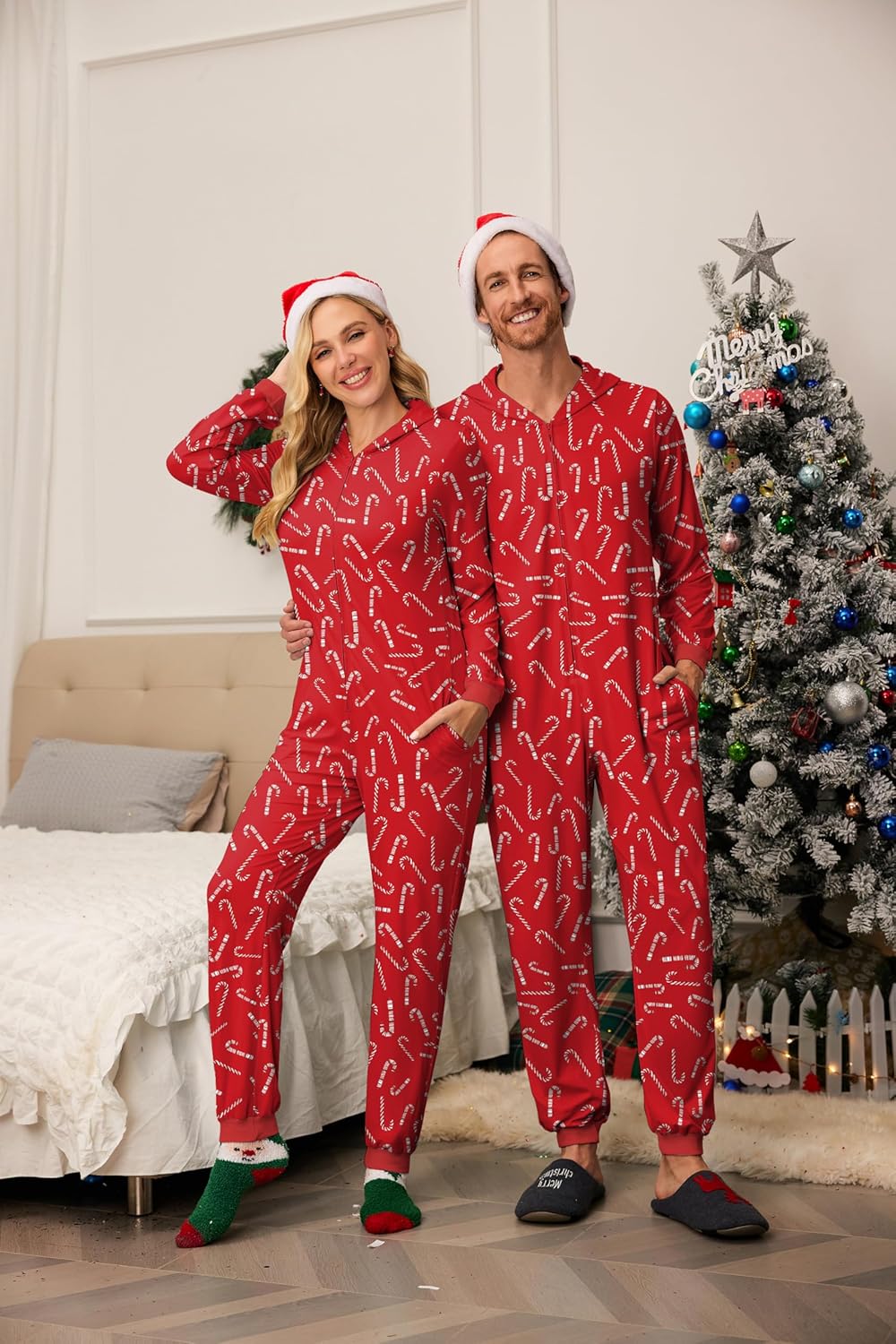 Ekouaer Christmas Onesie Matching Family Elk Antler Hooded Zipper One Piece Long Sleeve Pajamas with Pockets S-XXL - Image 4
