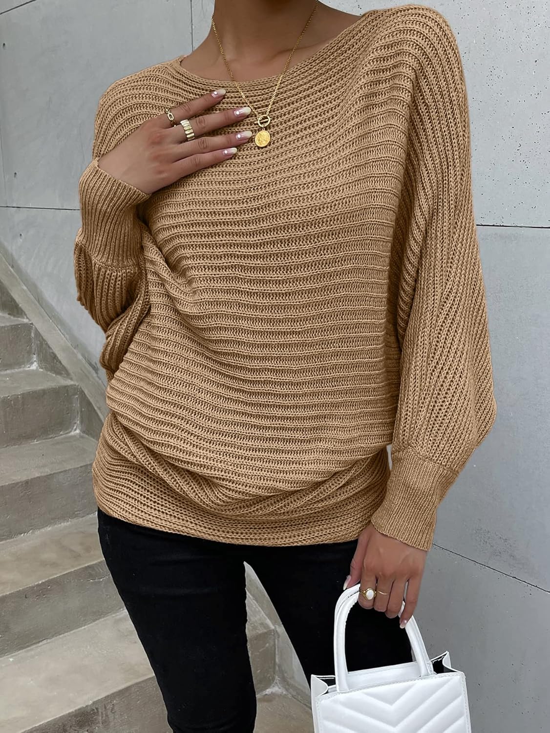 Women's Sweater Solid Batwing Sleeve Sweater Sweater for Women (Color : Khaki, Size : Medium)