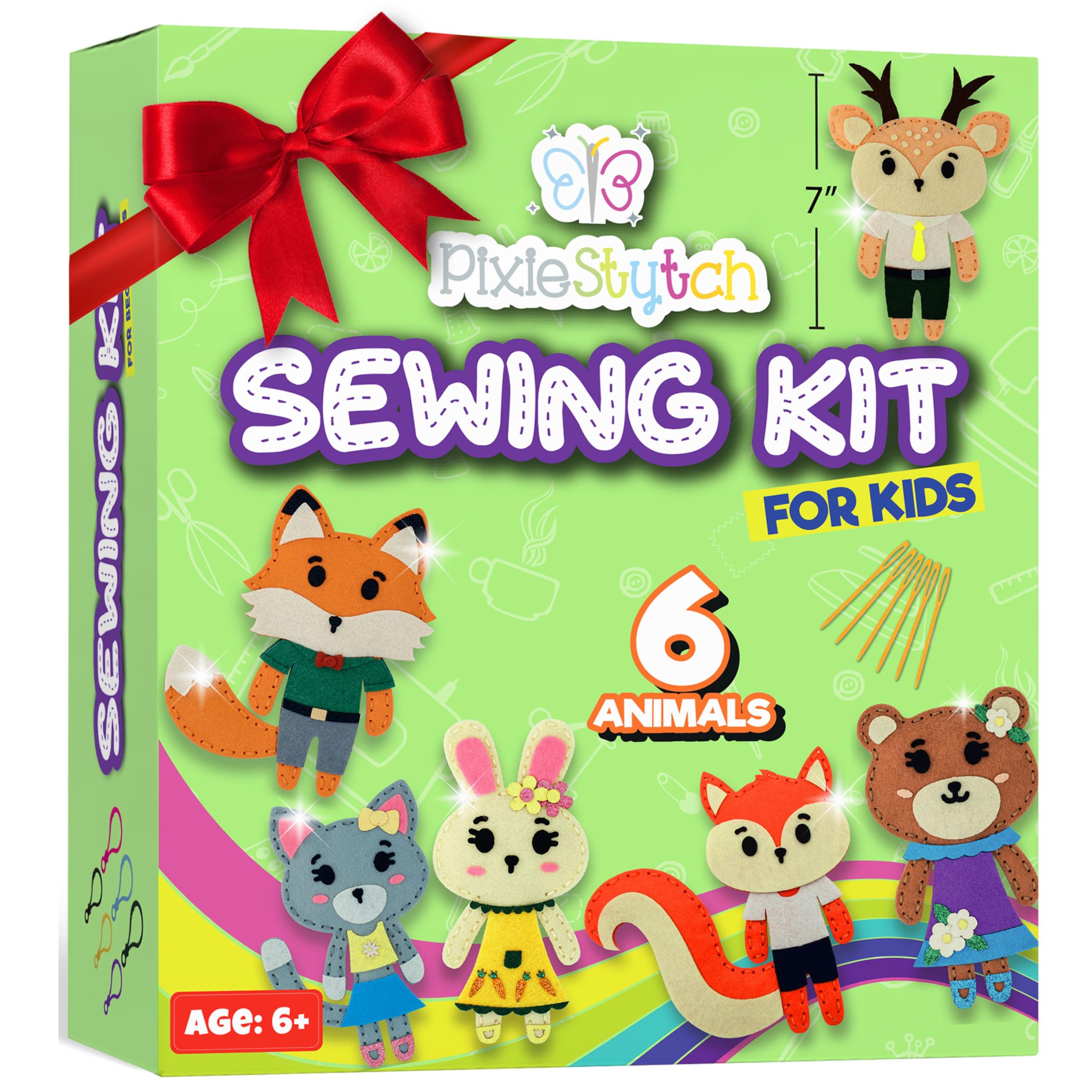 Pixiestytch Sewing Kit for Kids - Sew & Create 6 Adorable Stuffed Animal Projects - Fun DIY Craft Set for Ages 6 and up - Educational & Creative