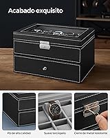 Vista 4 de SONGMICS Caja de reloj, organizador de 20 ranuras para reloj con tapa de vidrio grande, almohadas extraíbles, cerradura de metal, regalo para seres