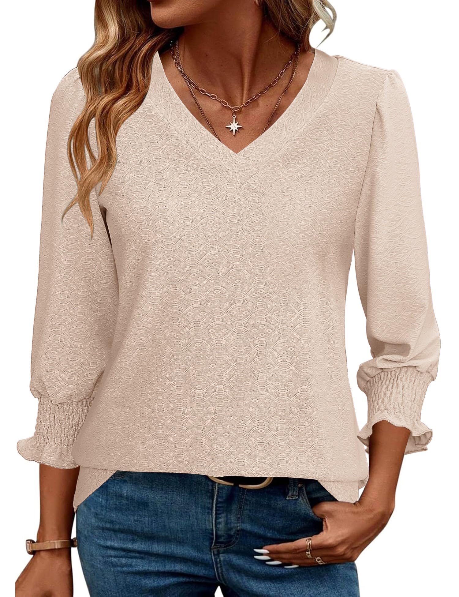 Rapbin 3/4 Length Sleeve Womens Tops Summer Trendy Puff-Sleeve V-Neck Blouses Dressy Casual Textured Smocked T-Shirt