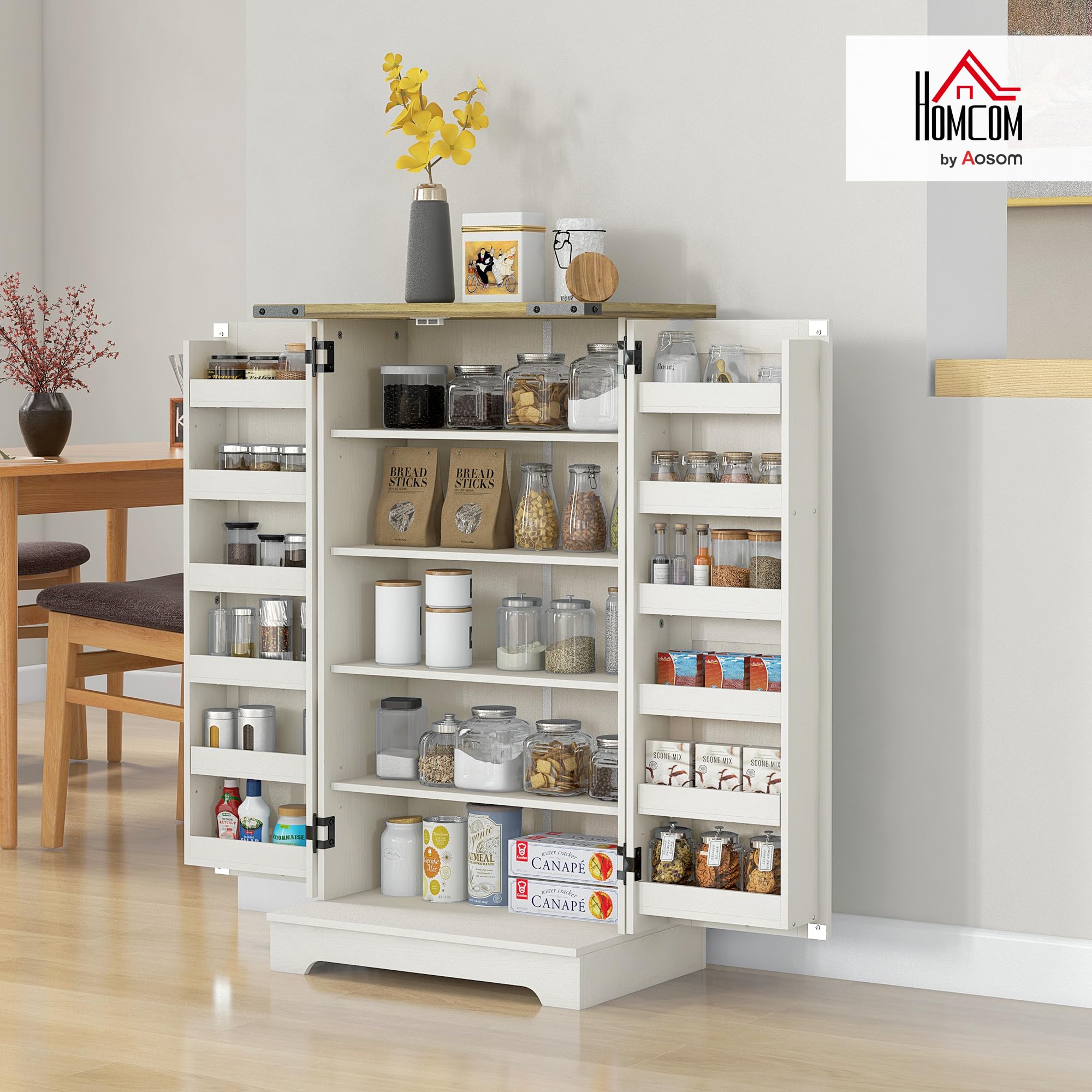 HOMCOM Armadio dispensa cucina armadio da cucina con 2 ante e 16 ripiani dispensa rustica con ripiano regolabile per sala da pranzo soggiorno 60x40x104 cm crema