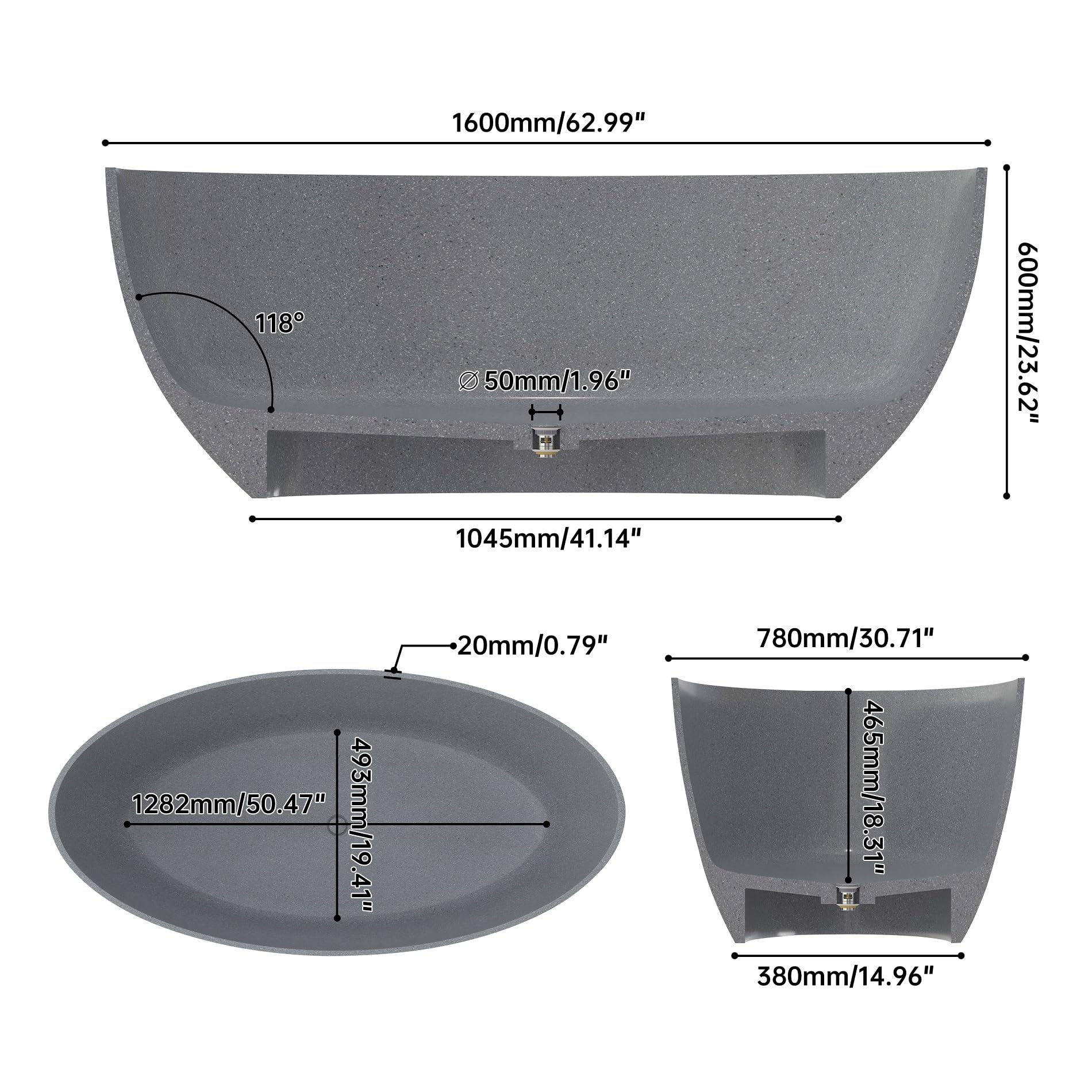 Bañera de hormigón de alta calidad de 160 cm con superficie sólida para exteriores, moderna bañera de piedra de terrazo, baño de lujo estilo spa para patio, jardín o baño