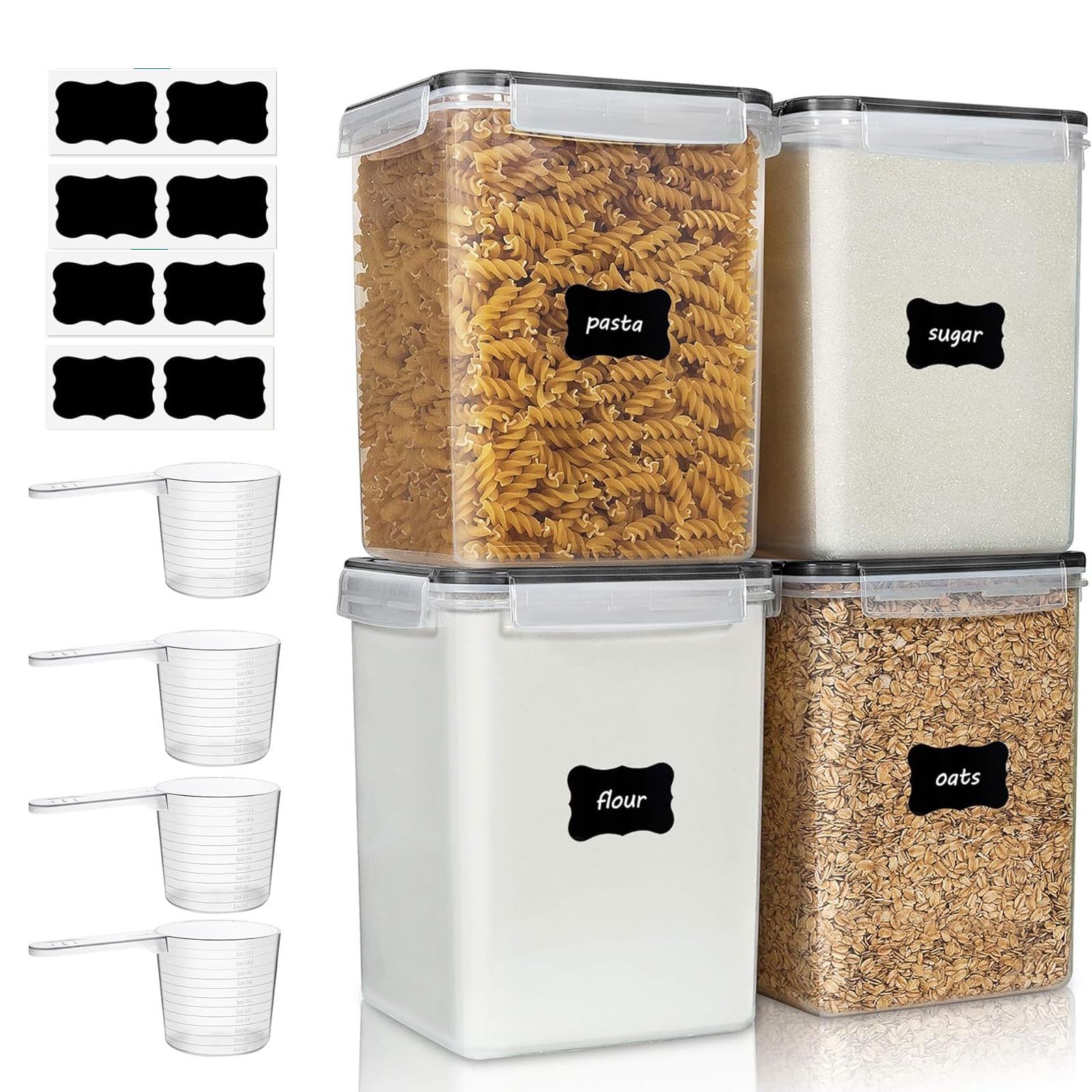 Gqunit Clear With Black Lid 4Pcs 2.5L Airtight Food Storage Container Set, Flour Storage Containers With Labels, Large Capacity For Cereal, Rice, Pasta, Dry Food