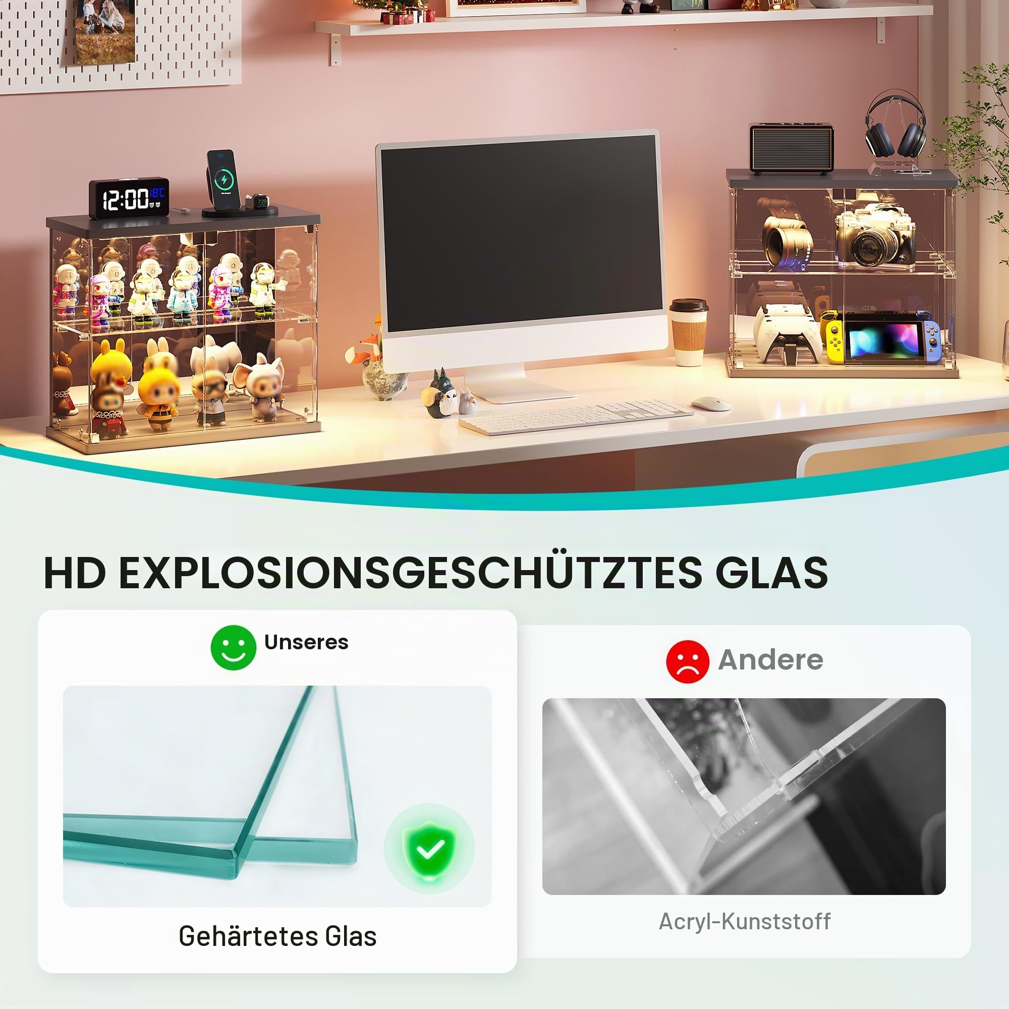 FREDEES Glasvitrine Stehend mit LED Beleuchtung - Kleine Zweistöckige Vitrinenschrank mit Ladestation, Vitrine mit Human-Sensor-Beleuchtung, für Figuren/Sammlerstücke/Spielzeug, Grau