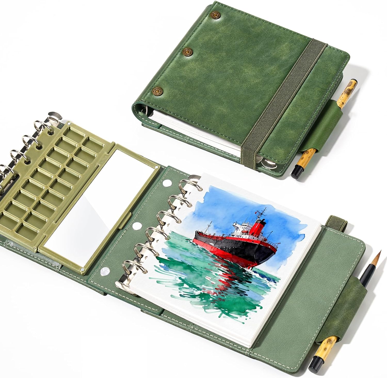 Portable Watercolor Sketchbook Set - 100% Cotton Hot Press 5.1x4.3 Inch 20Sheets Binder Art Journal with 18-Well Ceramic Paint Palette & Travel Watercolor Brushes for Artists Outdoor Painting