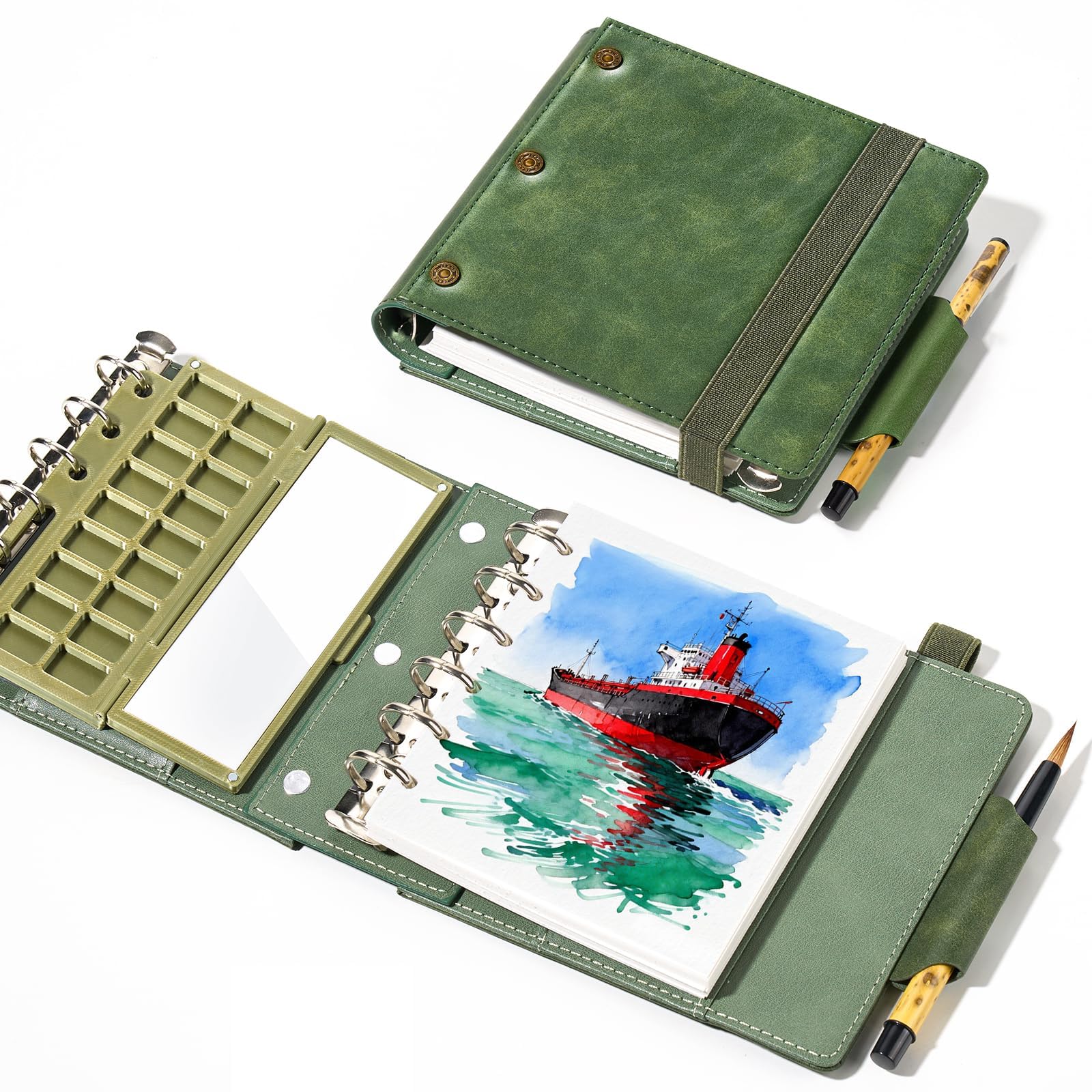 LIGHTWISH Aquarell Skizzenbuch Set – 11×13 cm Reise Wasserbuch mit 20 Blatt (100% Baumwolle, heißgepresst), inkl. Keramikpalette mit Farbnäpfen & Aquarellpinsel – Outdoor Malen, Urban Sketching