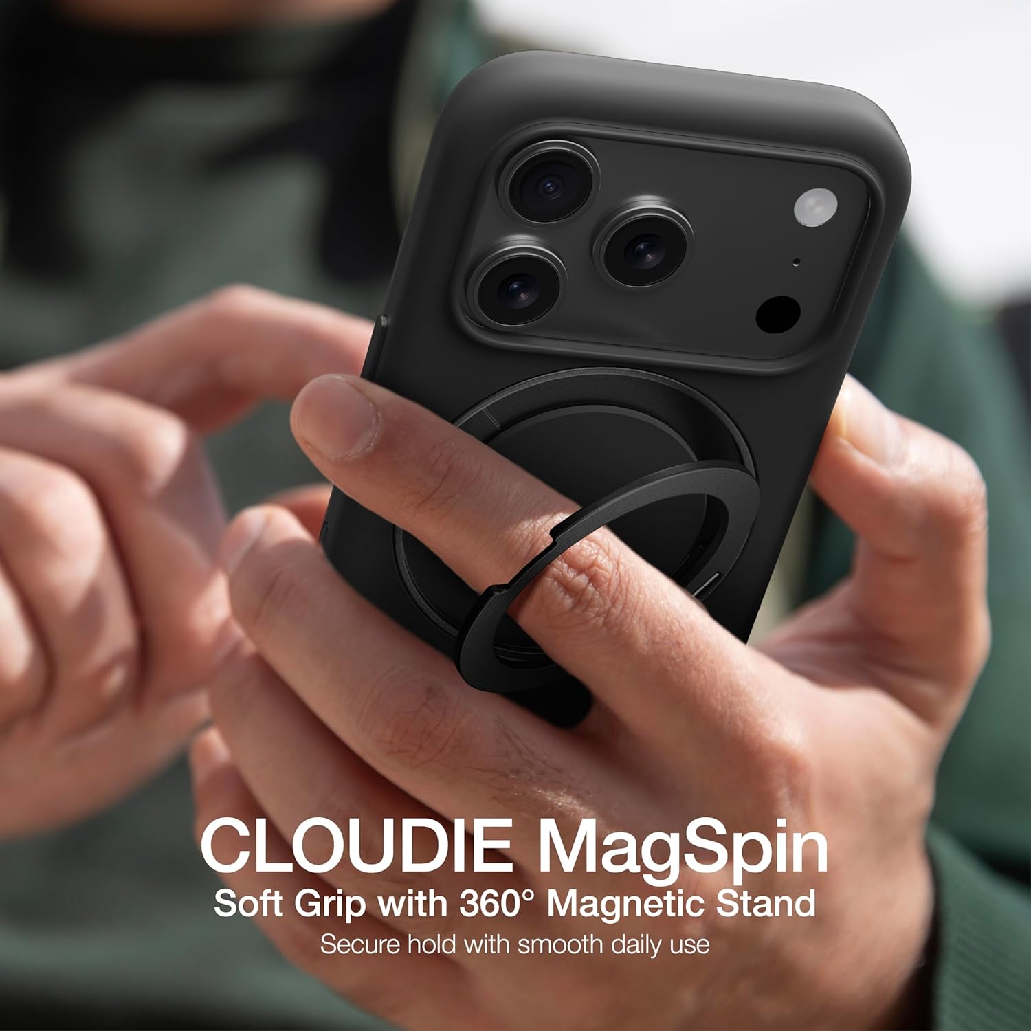 AMAZINGthing for iPhone 17 Pro Max [Cloudie MagSpin Case], Built-in 360° Spin Stand, Designed for MagSafe Accessories, 10FT Drop Proof, Magnetic Phone Cover, Skin-Friendly Silicone, Black