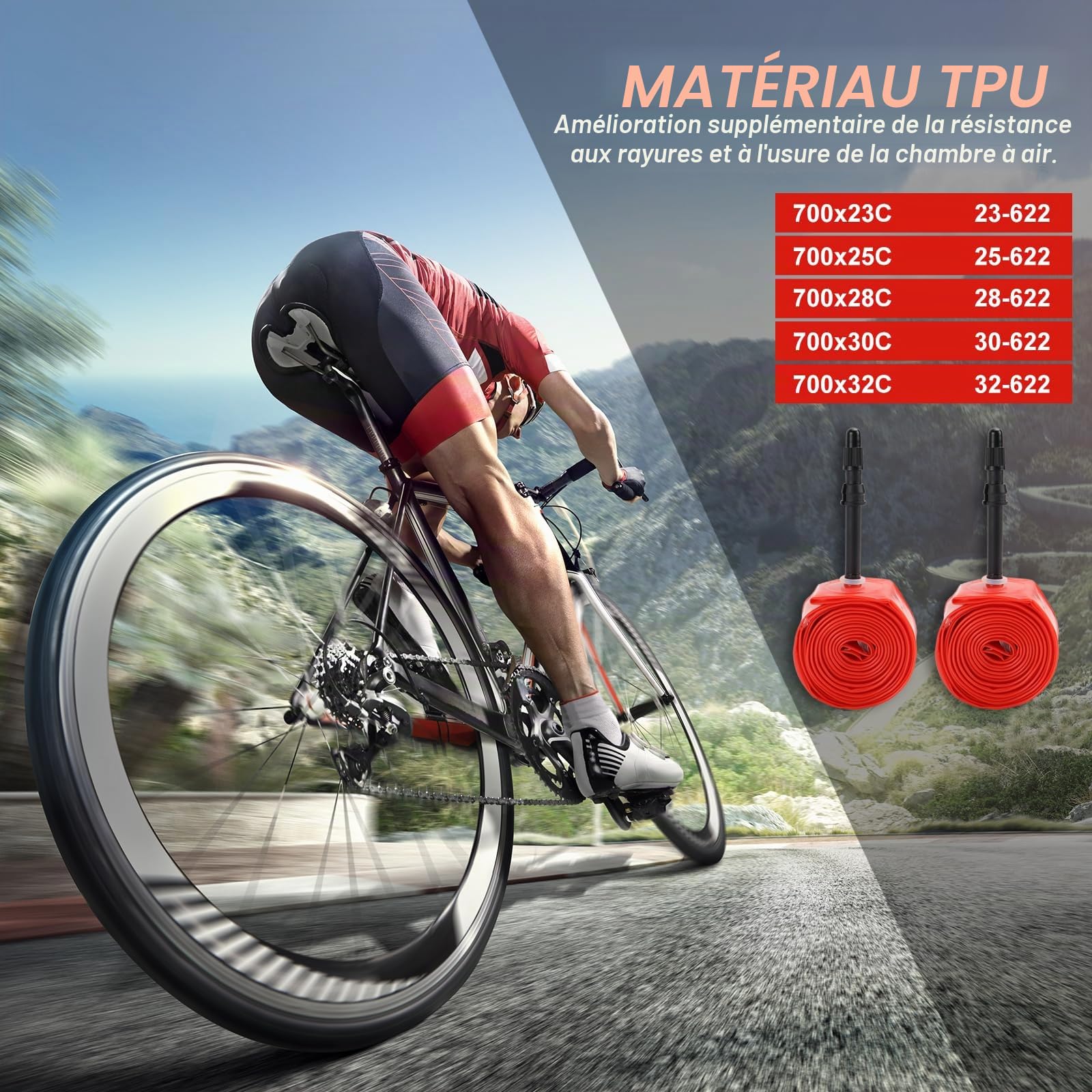 Lot de 2 chambres à air pour vélo de route 700 x 18-32C, valve française, en TPU ultra léger 33 g