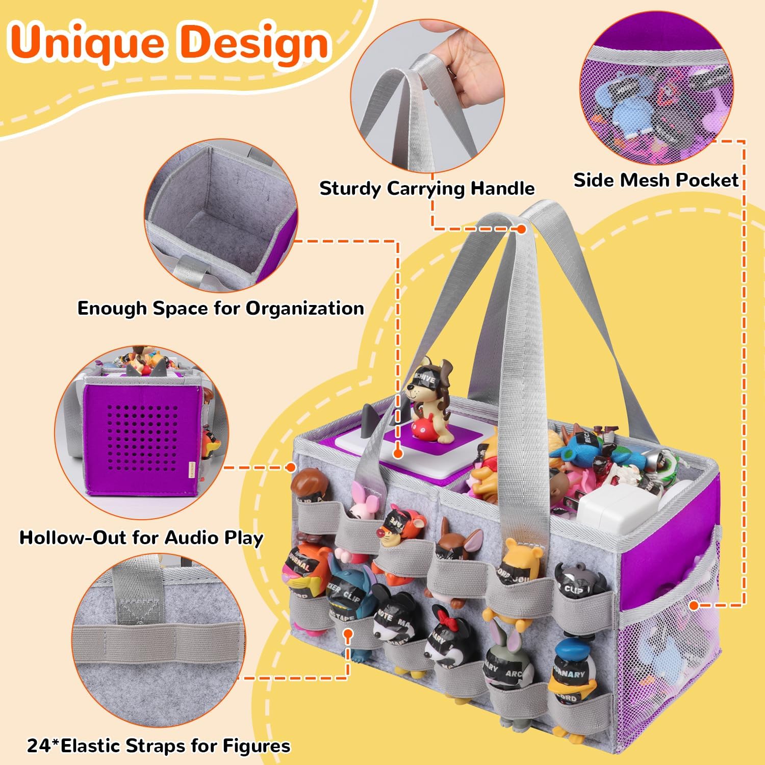 8 Pack Clear Toy Storage Bag with Name Tag& Manual Pocket & Carrying Case for Tonies Box with Audio Position, Portable Travel Storage Bag for Tonies Figures with 24 Elastic Strap Gray&Purple