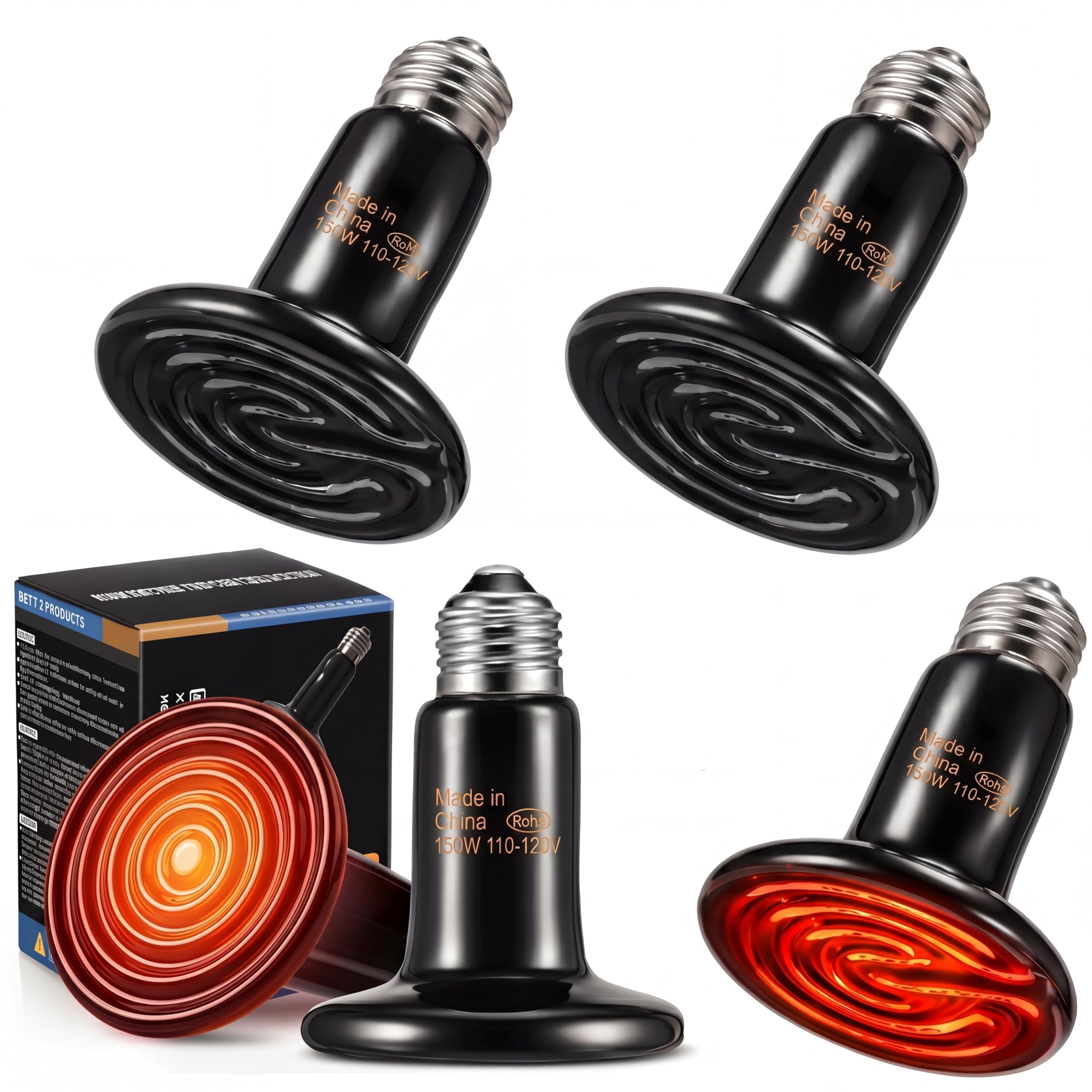 4 Pack 150W Ceramic Heat Emitter for Reptiles, No Light