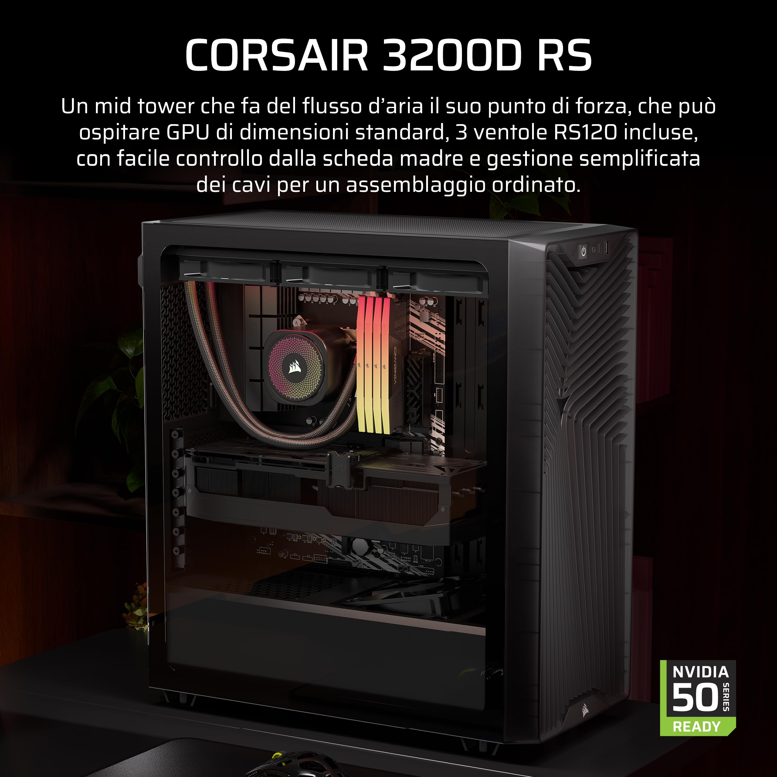 CORSAIR 3200D RS Case PC Mid Tower – Bianco | 3 Ventole RS120 Incluse, Flusso D'aria Elevato, Compatibile Radiatore 360mm, Compatibile Schede Madri Connessione Inversa