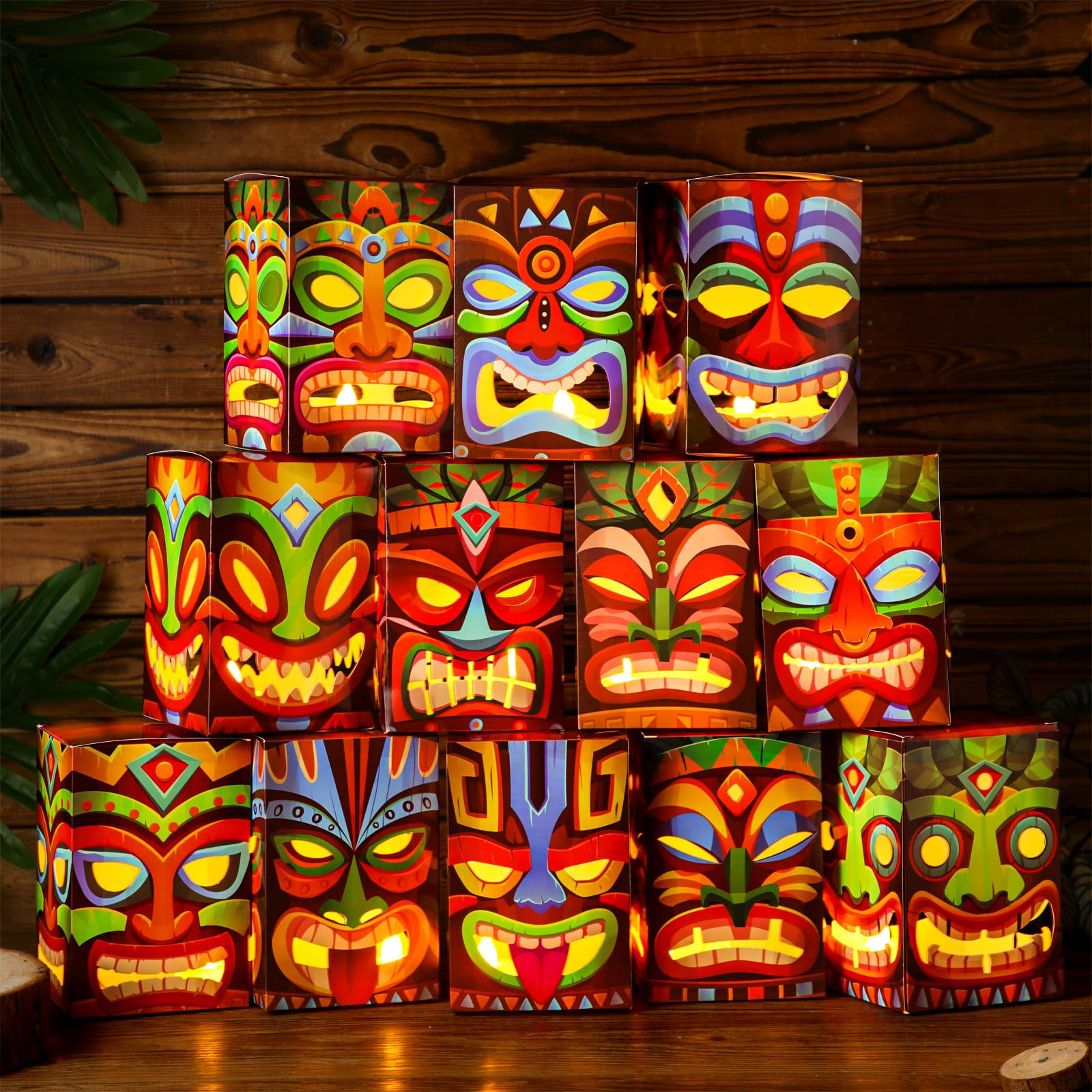 Baquler 24 Pcs Hawaiian Luau Party Decoration Tiki Totem Box Decor with Light Tropical Aloha Luau Decor Tiki Lighted Gift Boxes for Hawaiian Tropical Tiki Party Outdoor Indoor Supplies