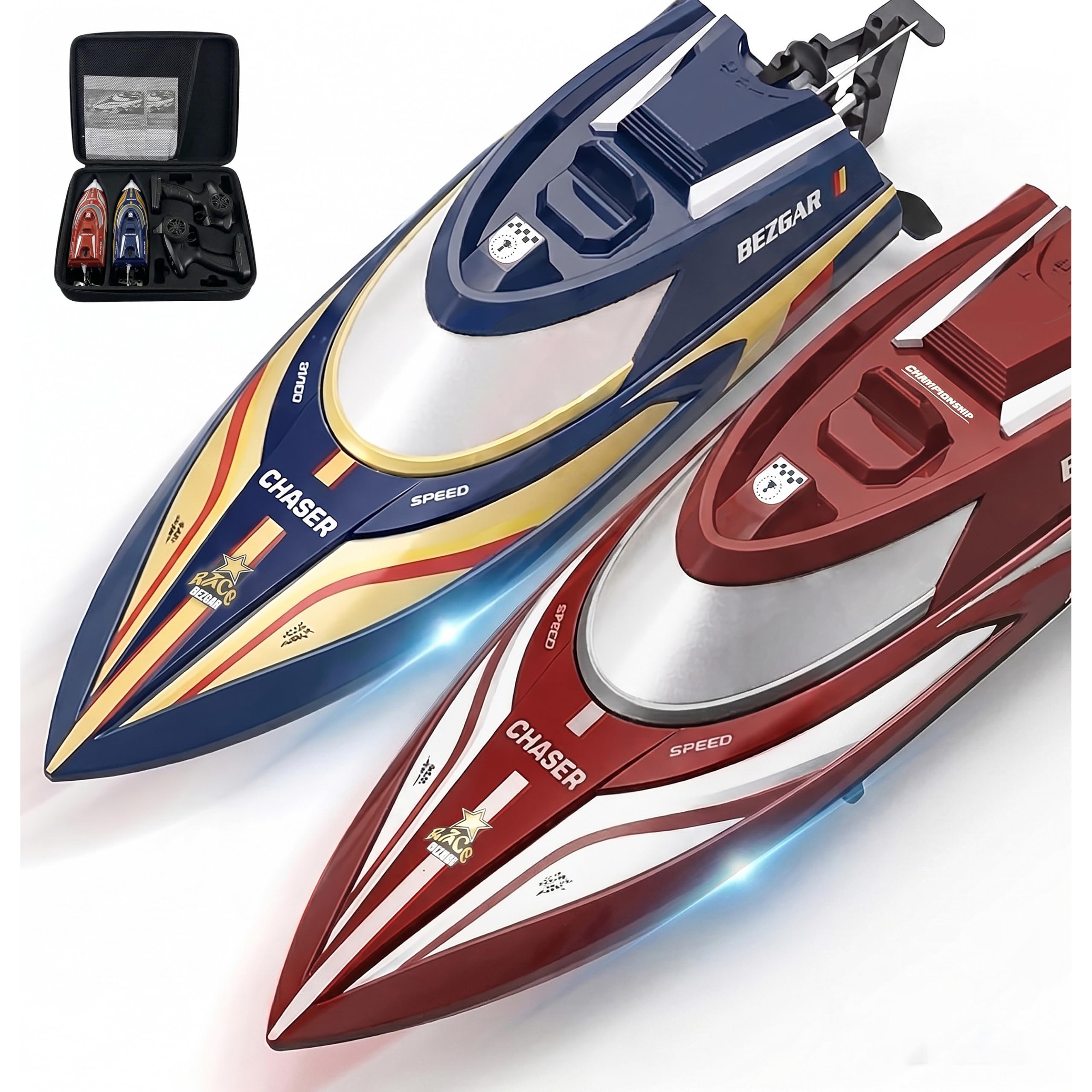 Photo 1 of BEZGAR RC Boat - 2 Packs 12 inch Fast Speed Remote Control Boat with Suitcase for Pool/Lake/Ocean/Saltwater Use, Auto-Flip & 8-Shape Demo Summer Toy for Kids 8+ & Adults - Red&Blue TX2P2