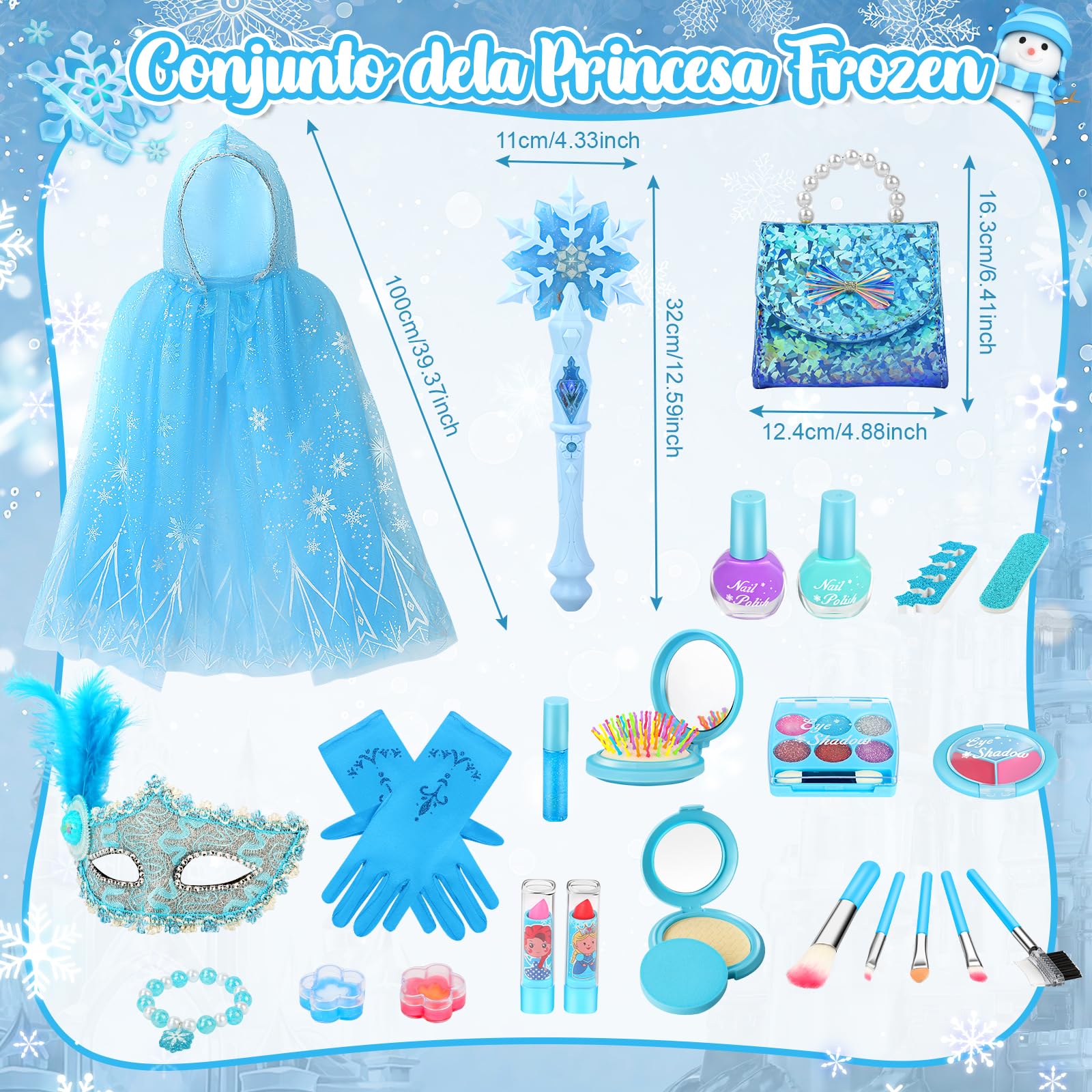 Disfraz Princesa Elsa, Set Maquillaje Niña con Pintauñas, 20 Piezas Juguetes Princesa Elsa, Bolsa de Mano Capa Varita Magica, Regalo de Cumpleaños para Niñas 3 4 5 + Años