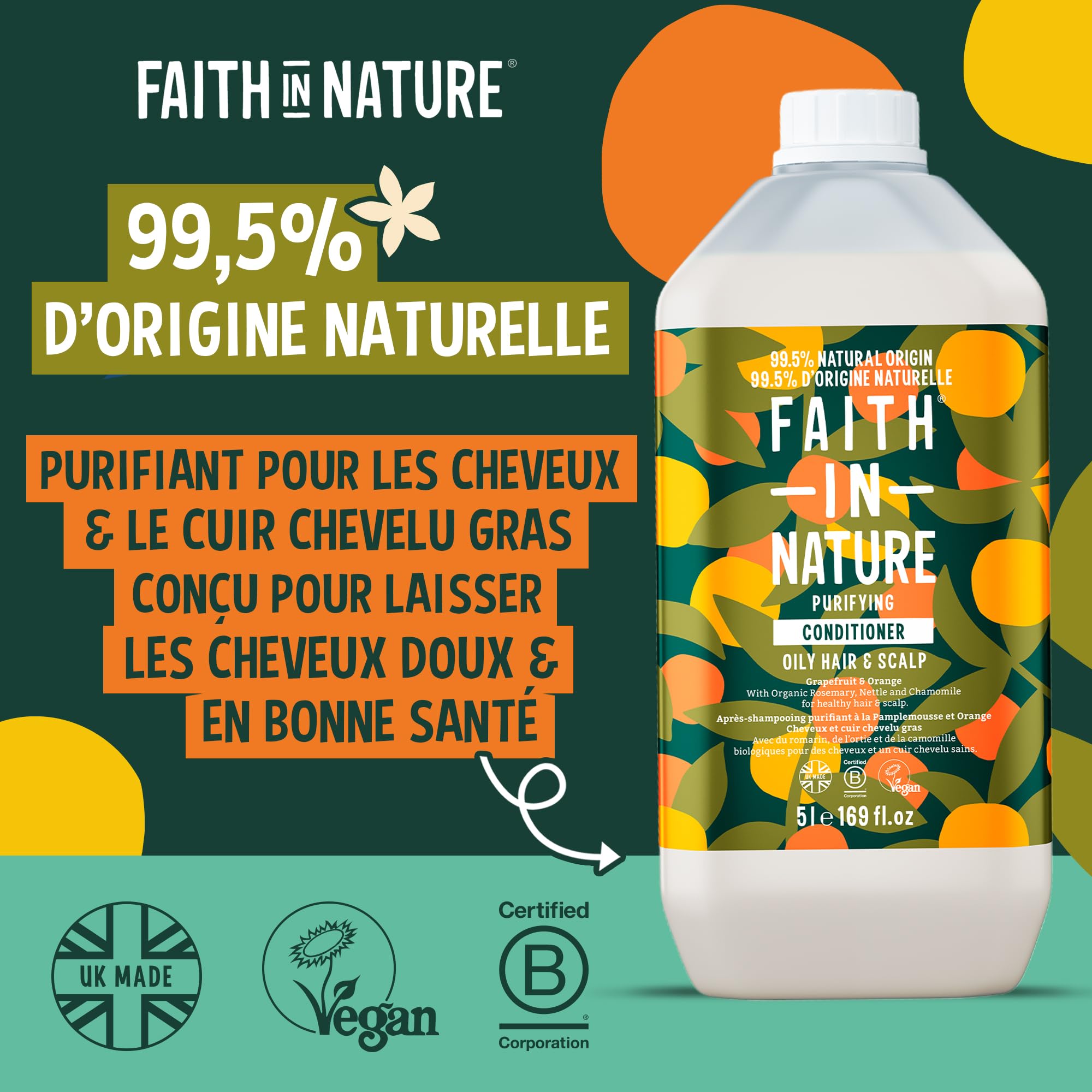 Faith In Nature Après-Shampooing Naturel au Pamplemousse et à l’Orange, Purifiant pour Cheveux et Cuir Chevelu Gras, Végan et Non Testé sur les Animaux, Sans SLS, Silicones ni Parabènes, Recharge 5 L