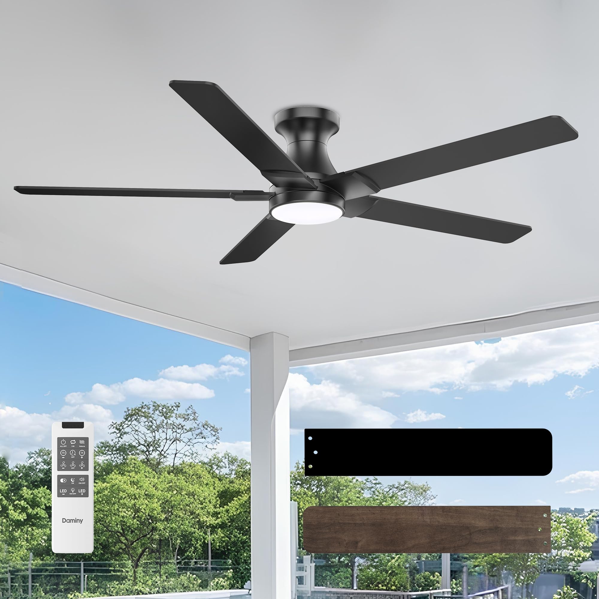 DAMINY 52 Inch Black Ceiling Fans with Lights and Remote