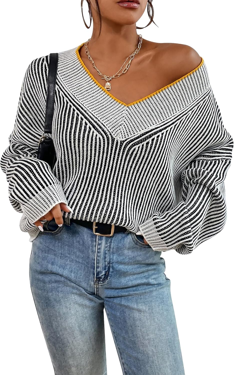 Cakulo Womens Fall 2025 Oversized Striped V Neck Sweaters Long Sleeve Knit Color Block Trendy Pullover Sweater Top