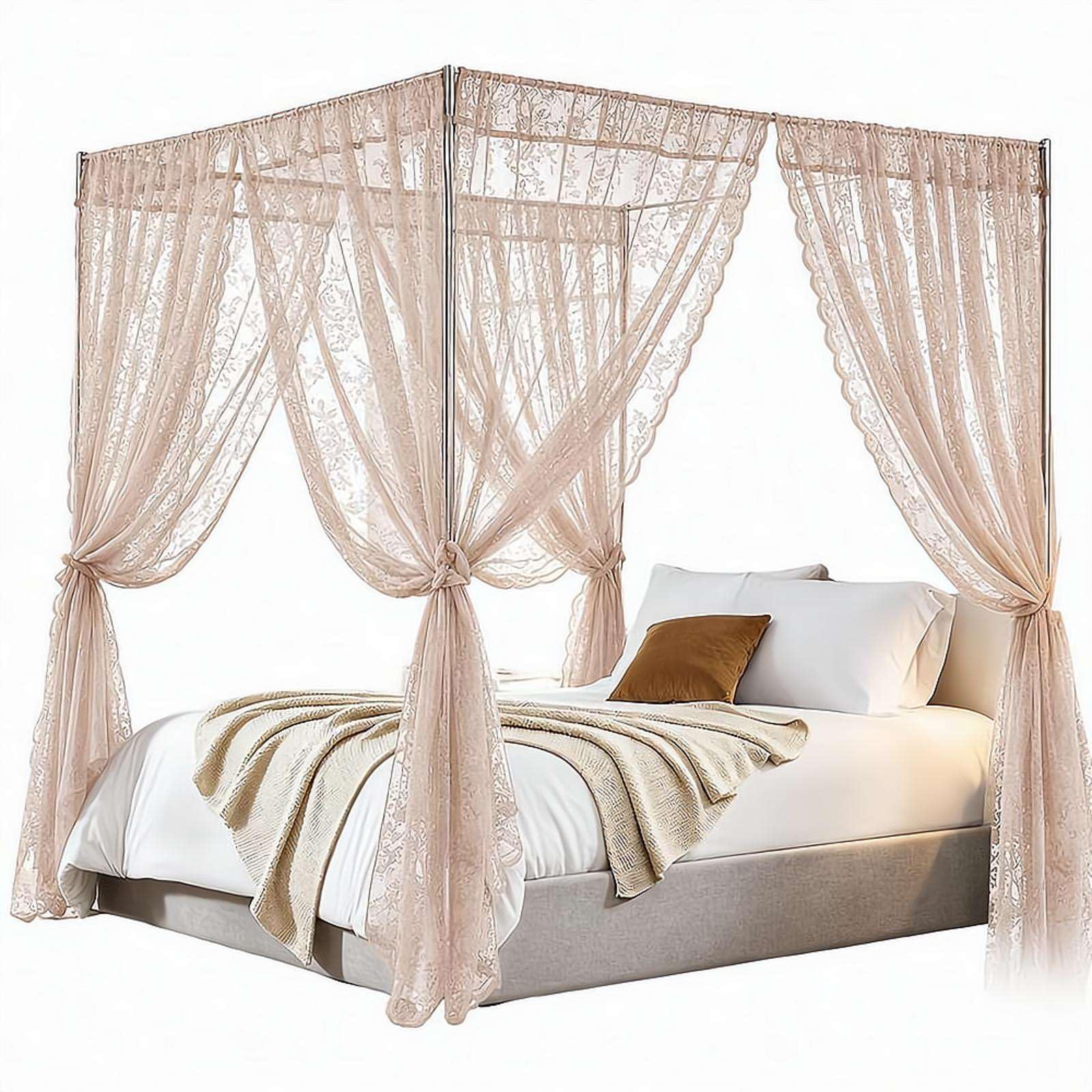 Lace Canopy Bed Curtains Set for Queen Beds, Pink Bed Canopy Curtains Soft Romantic Canopy Scarf Cute Bedroom Decor, No Pole, Consists of 8, 39" x 79"