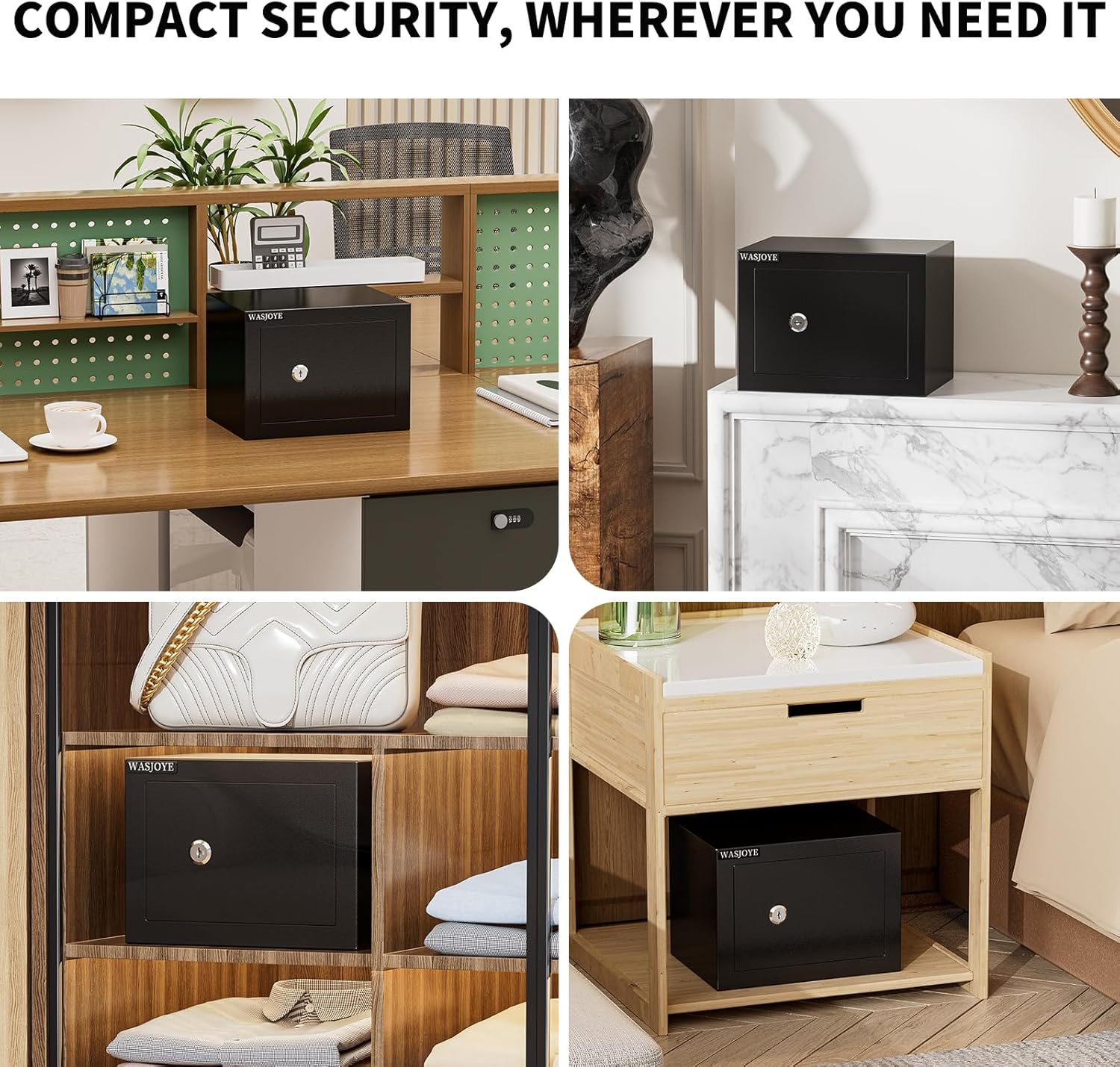 WASJOYE Home Small Safe Box - Key Lock Coffre Fort Steel High Security Safety Box, 0.23 Cubic Feet Steel Safes for Home/Office/Hotel, Small Hidden Safe Box for Money Cash Jewelry Medicine Passport