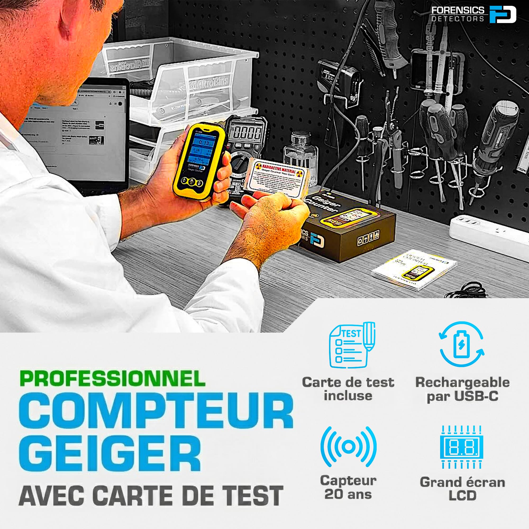 Compteur Geiger + Carte De Test De Radiation | Durée De Vie Du Capteur 20 Ans | Détecteur De Rayonnements | Bêta, Gamma Et Rayons X | Test De Chute Réussi Depuis 10 Pieds