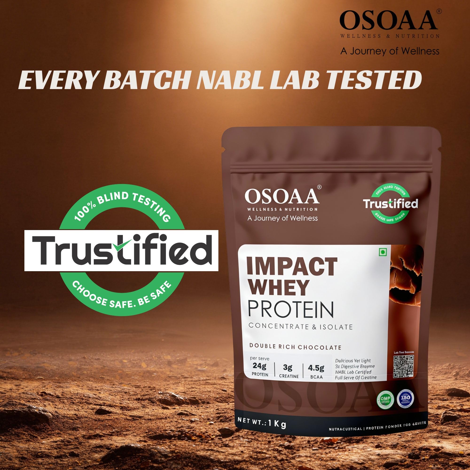 OSOAA Impact Whey Protein 1kg -Double Rich Chocolate | Isolate & Concentrate | 24g Protein & 3g Creatine with 5X Digestive Enzymes | Trustified Certified & NABL Lab Tested — Amazon image 4
