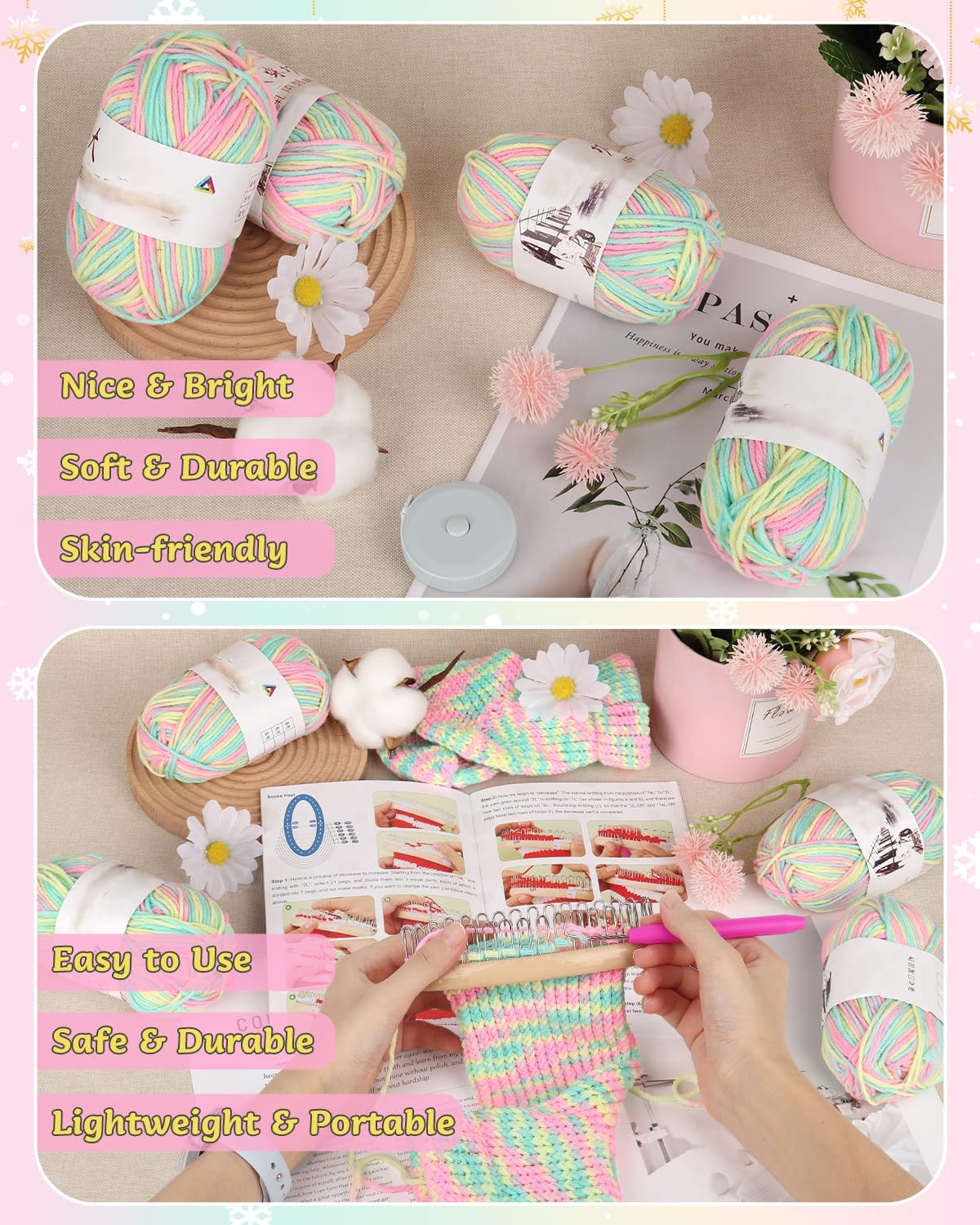 Coopay Sock Loom Knitting Kit for Beginners, Knitting Loom Set with 4 Yarn, Easy-to-Follow Instructions, Learn to Knitting Sock for Adults, Fantastic DIY Gifts Knit Hat, Pink Green Yellow