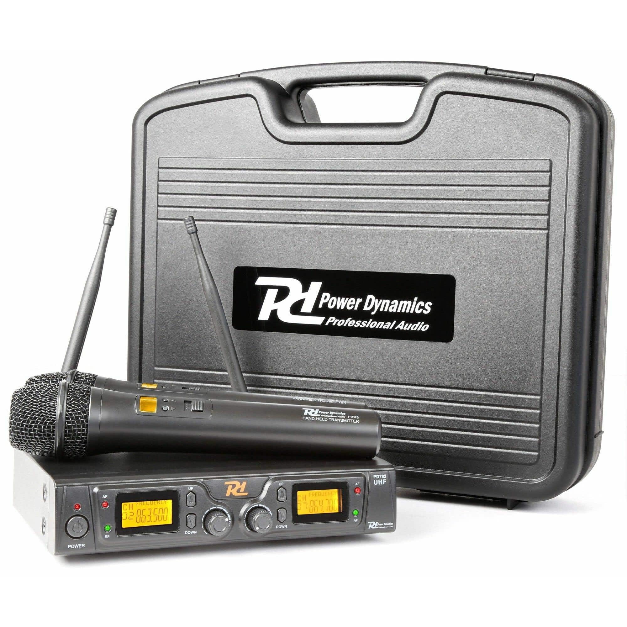 Power Dynamics PD782 - Système Micro sans Fil, UHF 2x 8 Canaux, Affichage LCD, Double Antenne à l'Arrière du Récepteur, Livré avec Valise Pratique et Robuste, Idéal Présentations et Chant
