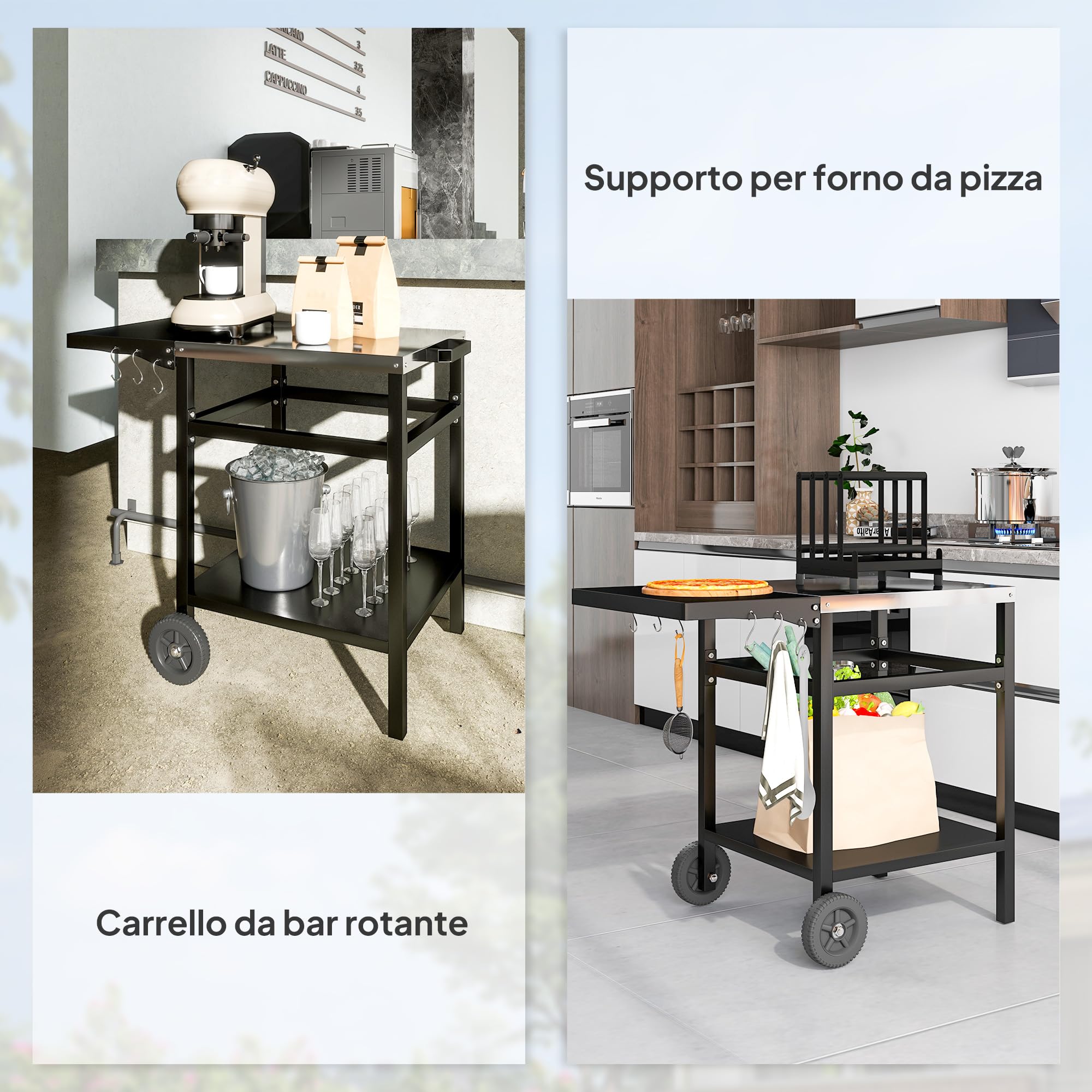 Outsunny Carrito de Barbacoa Superior de Acero Inoxidable con Estante Plegable, Mesa de Cocina Exterior para Horno de Pizza con Ruedas, Asa, 6 Ganchos y Tapa Protectora, 91x58x76 cm, Negro