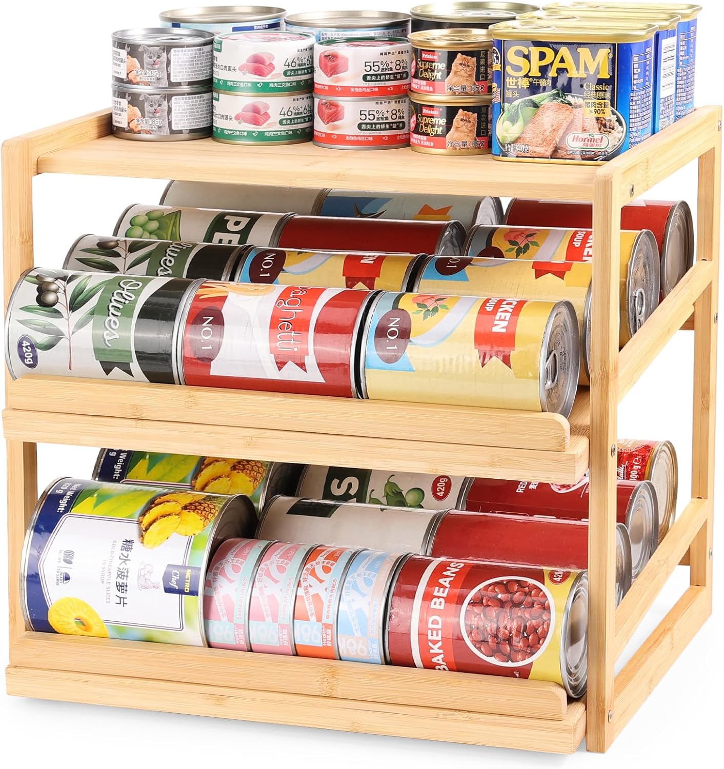 Can Organizer for Pantry, 3 Tiers Pantry Can Organizer Hold up to 72 3oz Cat Can, Rolling Can Storage Soda Dispenser Can Holders for Cabinet