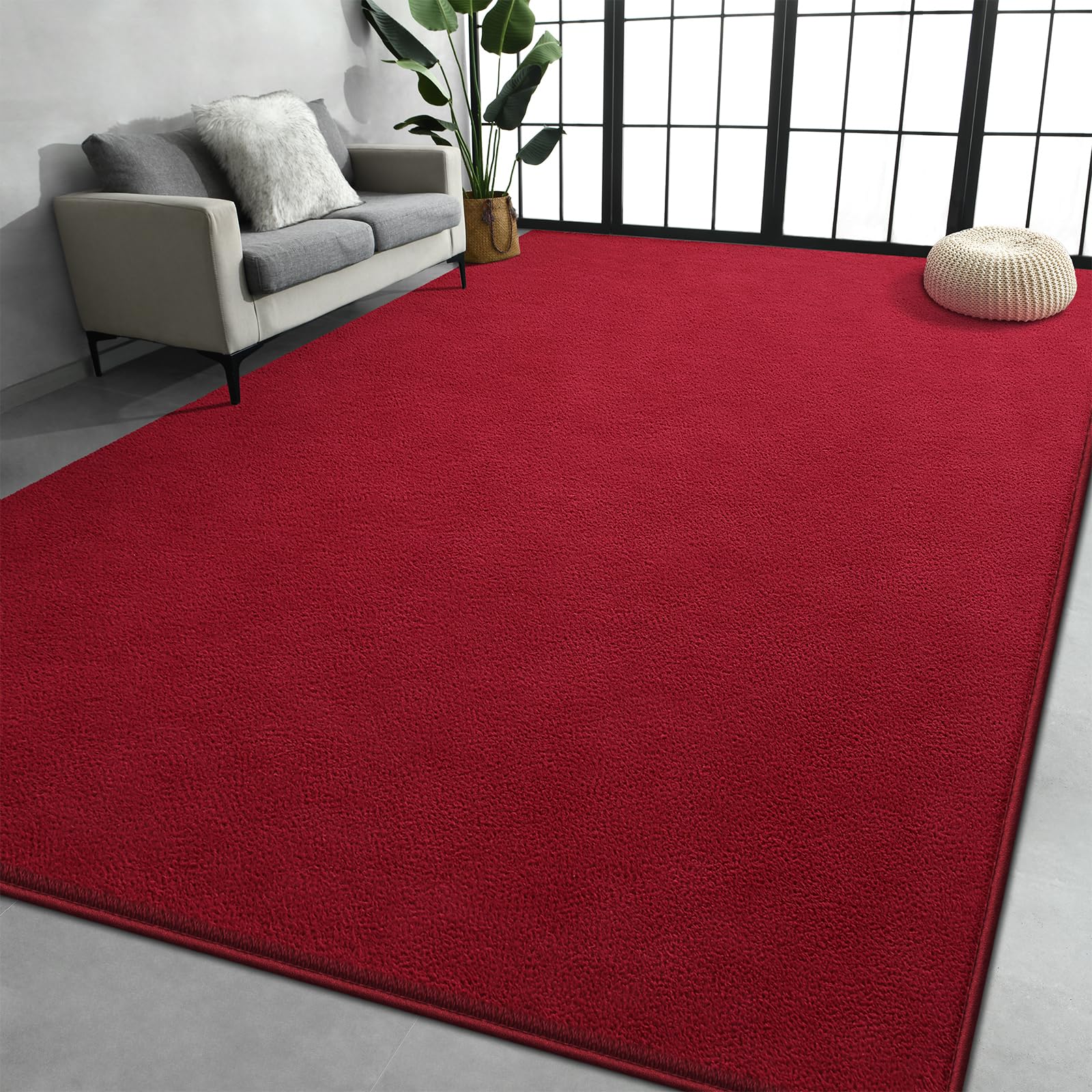 Large Area Rugs for Living Room Bedroom, 4x6 Feet Burgundy Red Rug, Minimalist Modern Shag Rug, Soft Thick Memory Foam Indoor Carpet, Non-Slip