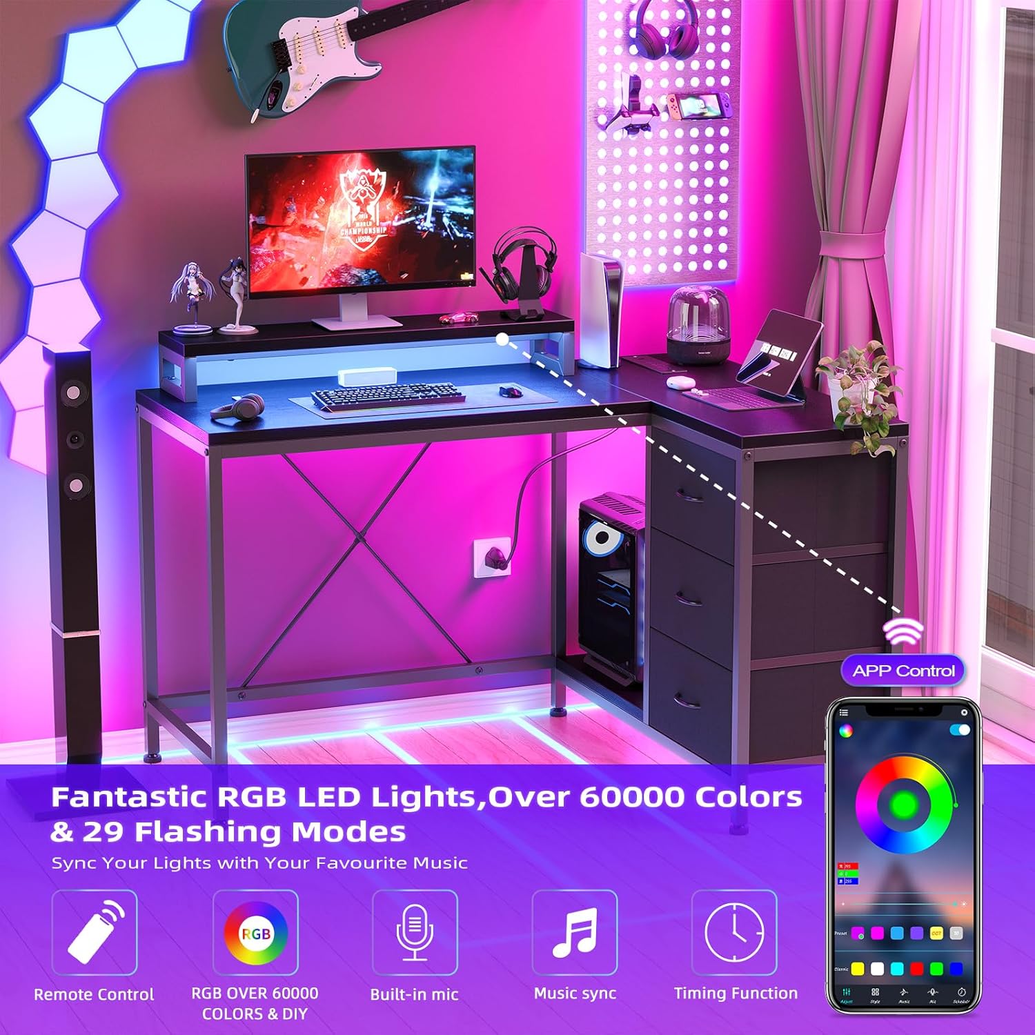 L Shaped Desk with Power Outlets & LED Lights, Computer Desk with Drawers & Shelves, Corner Desk Gaming Desk Home Office Desk, Black