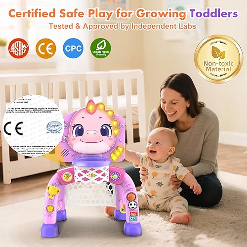 Vista 9 de Nicmore Juguetes de aro de baloncesto para niños pequeños: Centro de actividad de dinosaurio con luces y música - Desarrollo de habilidades Rosa