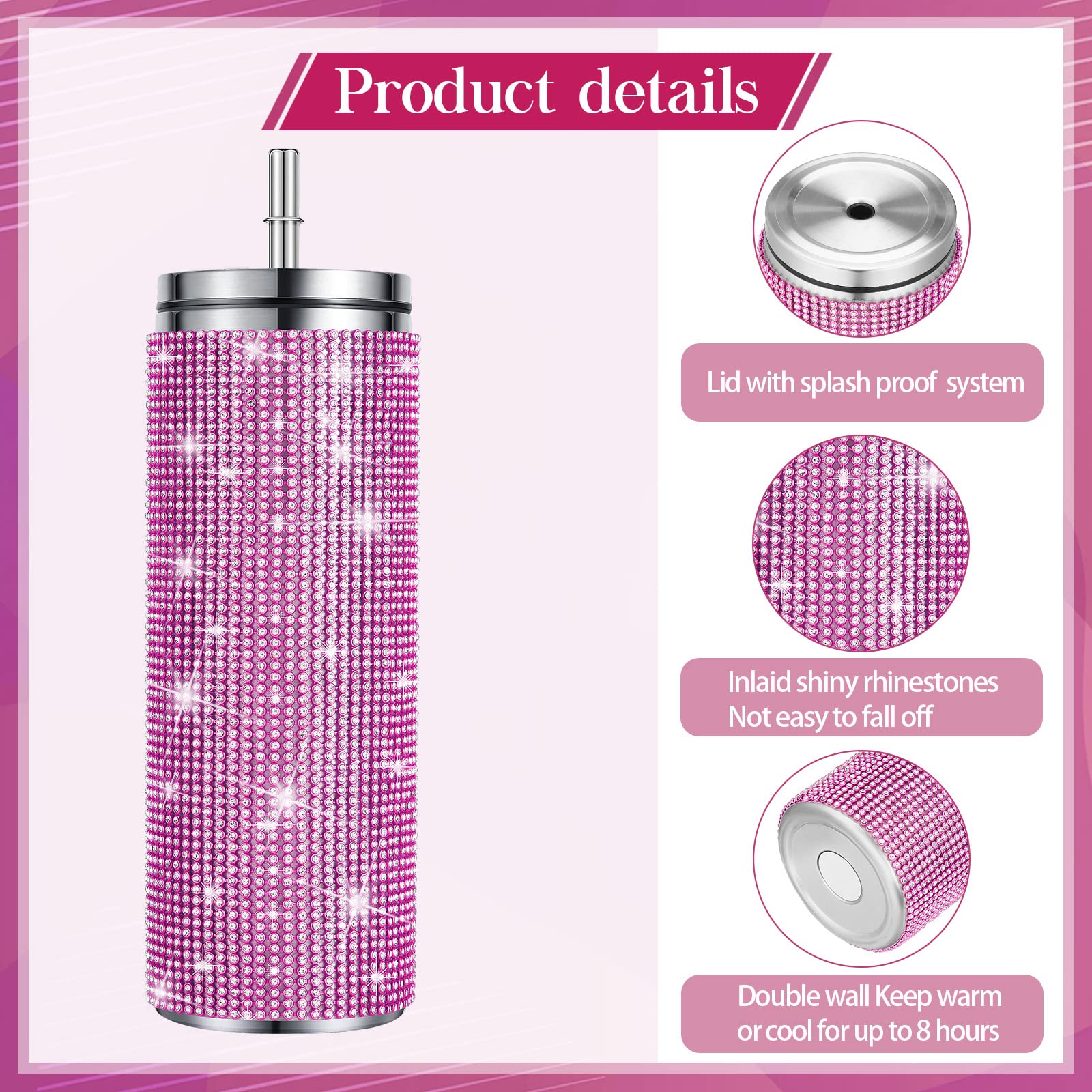 2 Pcs Bling Tumbler 20oz Rhinestone Cup Glitter Diamond Bottle with Lid and Straw Rhinestones Stainless Steel Glitter Thermal Water Bottle Diamond Straw Cup for Women(Silver, Pink)