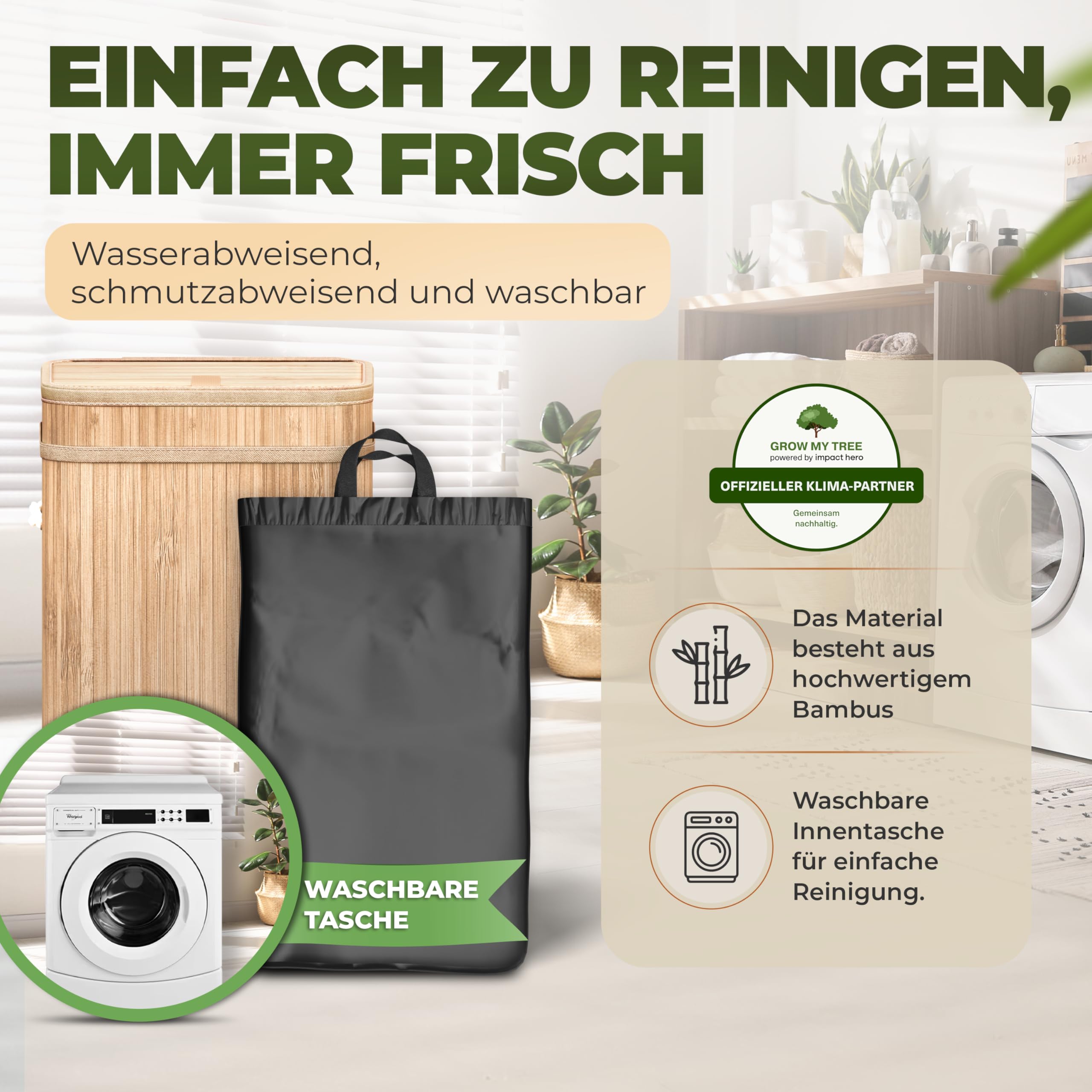 COTTARA® gelber Sack Ständer Mülleimer mit Deckel Müllsackständer für Gelbe Säcke aus Bambus inkl. waschbare Innentasche, 60-120L Müllsystem Behälter für Recycling doppelt verstärkter Halt