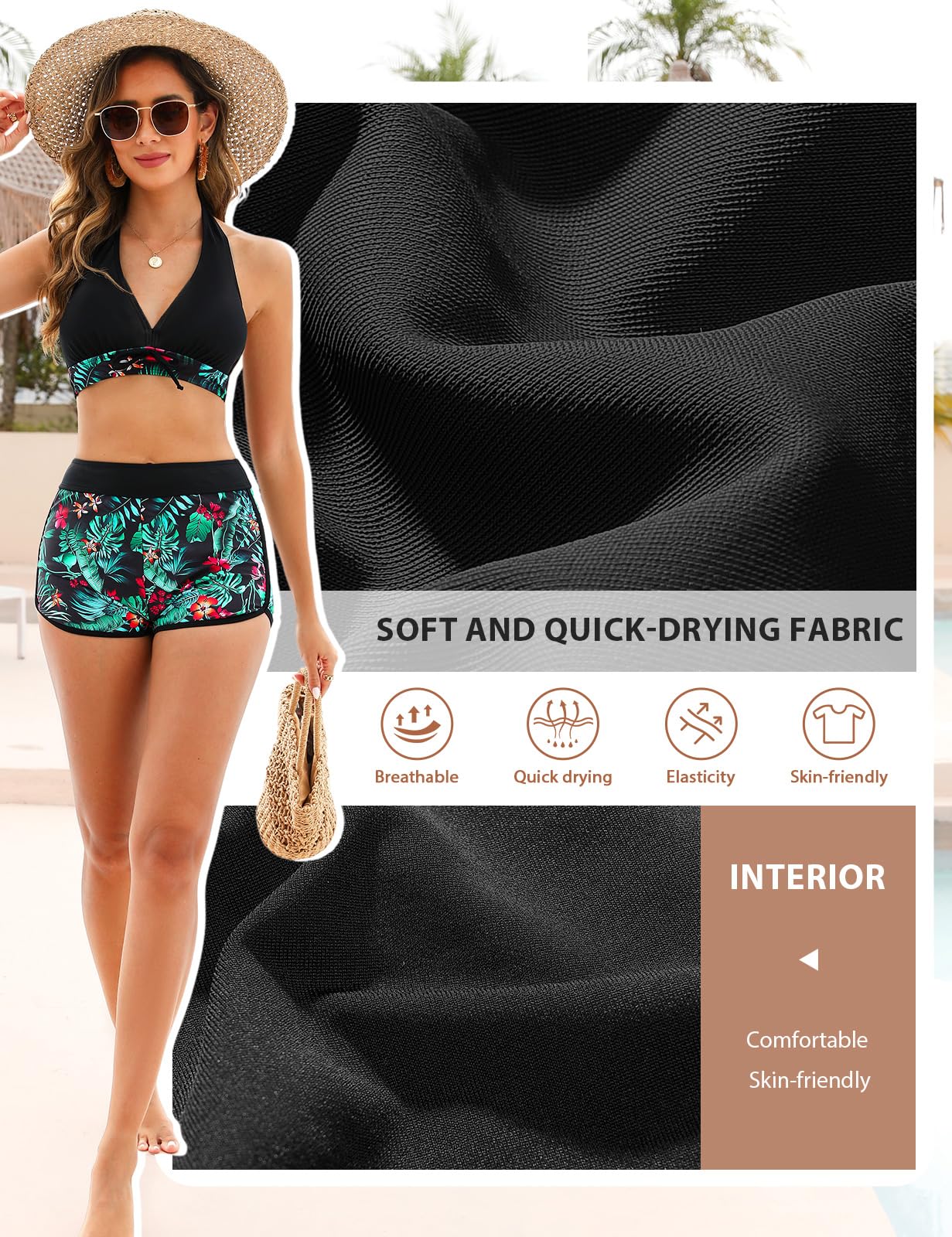 Tuopuda Traje de Baño para Mujer Push Up Conjunto de Bikini Estampado Floral Dos Piezas Conjunto Bañador Cuello en V Bikini Tops y Cintura Alta Pantalones Cortos