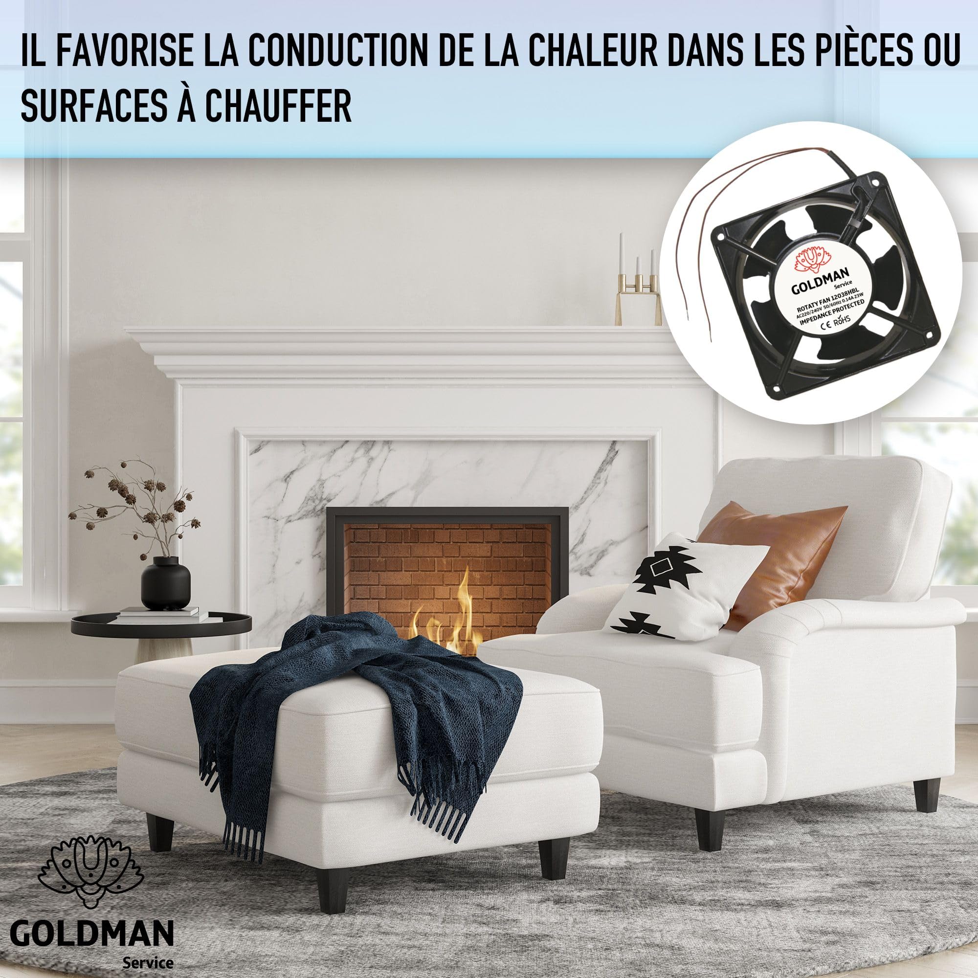 GOLDMAN SERVICE | Ventilateur Axial Haute Température avec Grille et Filtre pour Insert de Cheminée | Silence & Lames Métalliques Puissantes | Dimensions : 120×120×38 mm (23 W)