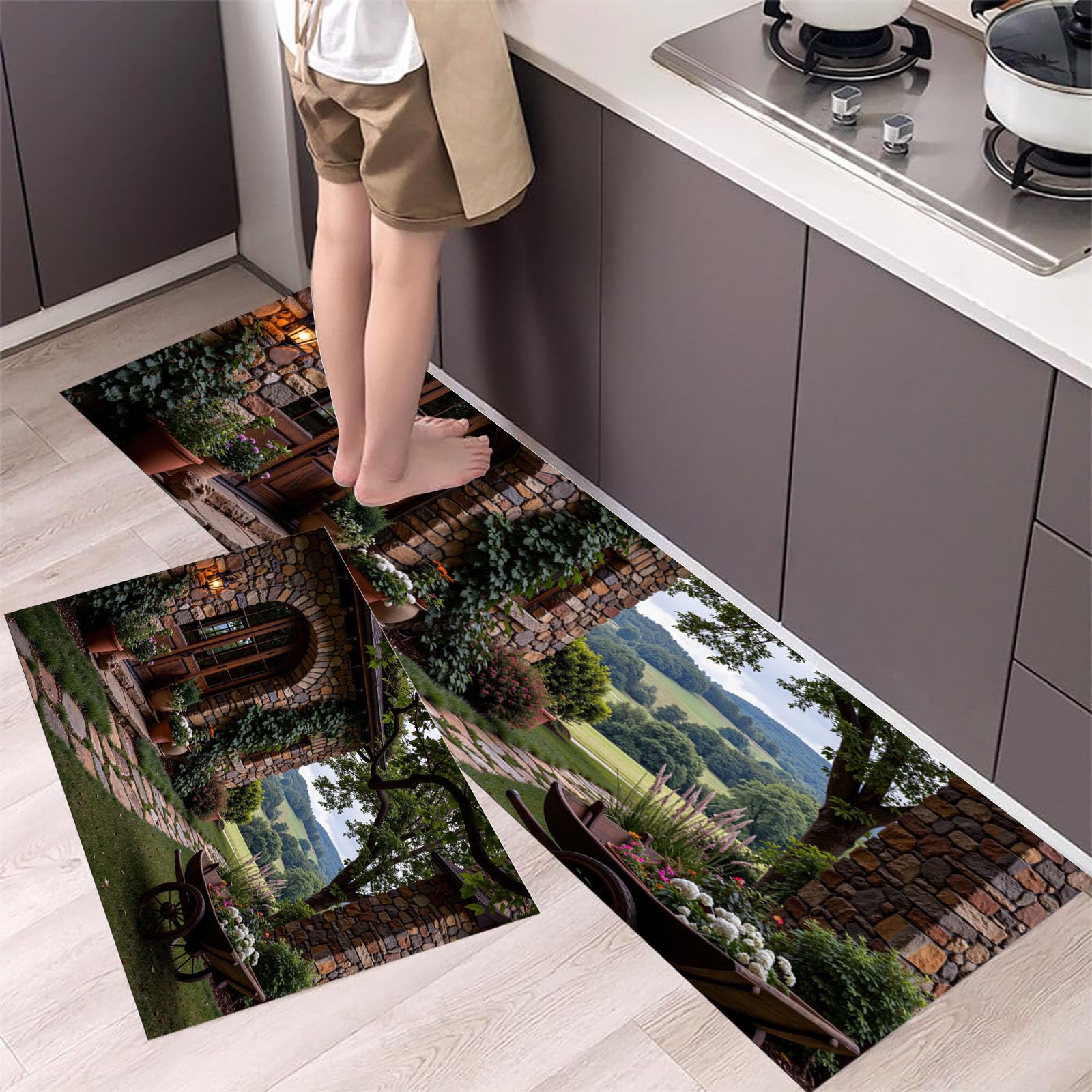 Tapis de cuisine lot de 2 style country américain, tapis de porte antidérapants vert vigne