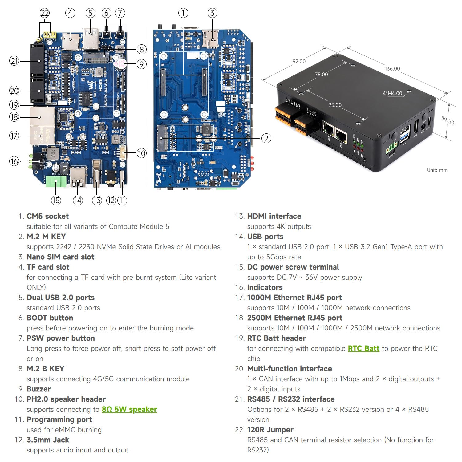Waveshare IPCBOX-CM5-B(2xRS485 & 2xRS232), Gigabit/2.5G Dual Ethernet Industrial Computer Based On Raspberry Pi CM5(NOT Included), Support 4K Display Output and 4G/5G Module, For All Compute Module 5