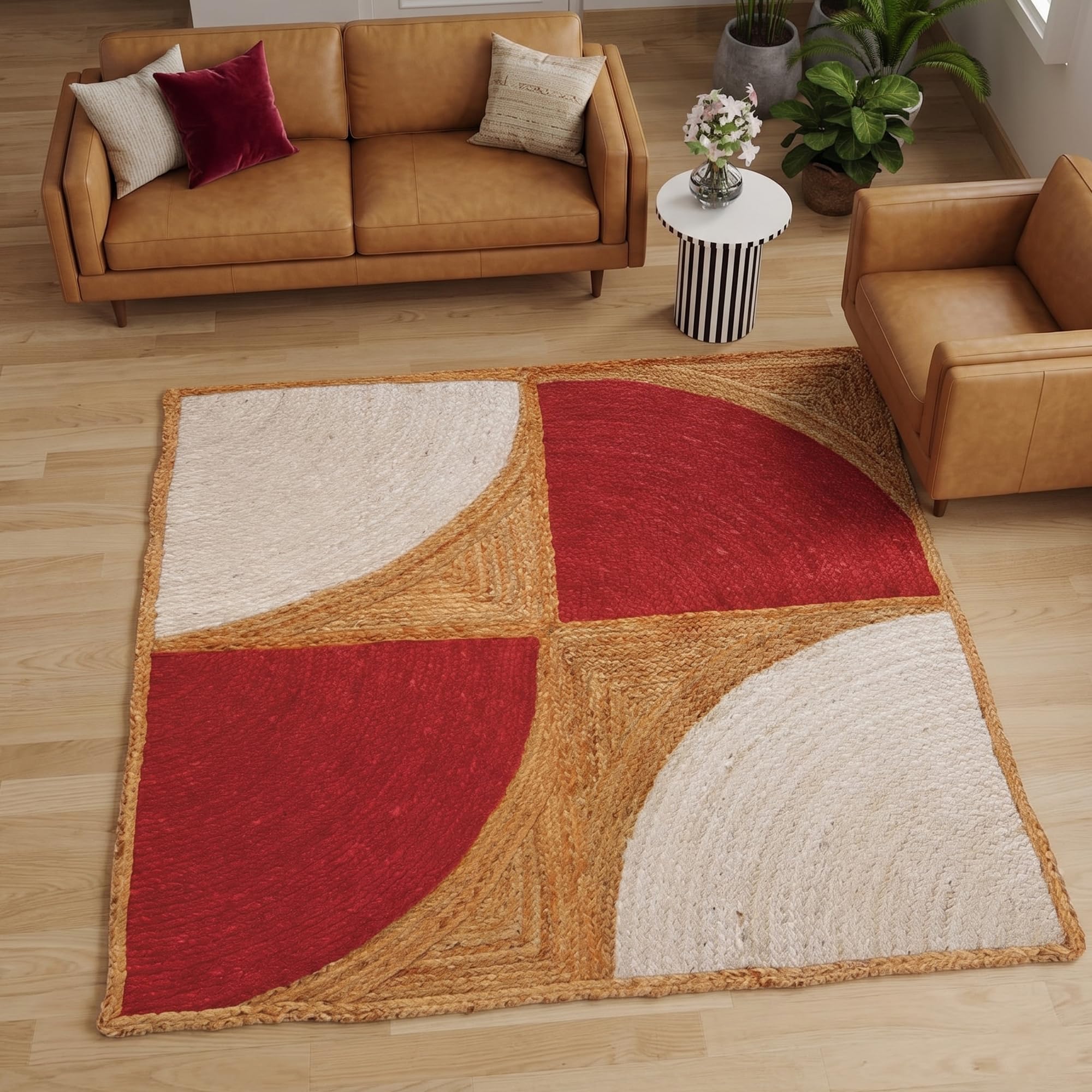 Tapis en jute moderne rouge géométrique 0,7x2,9 m tapis de couloir intérieur extérieur