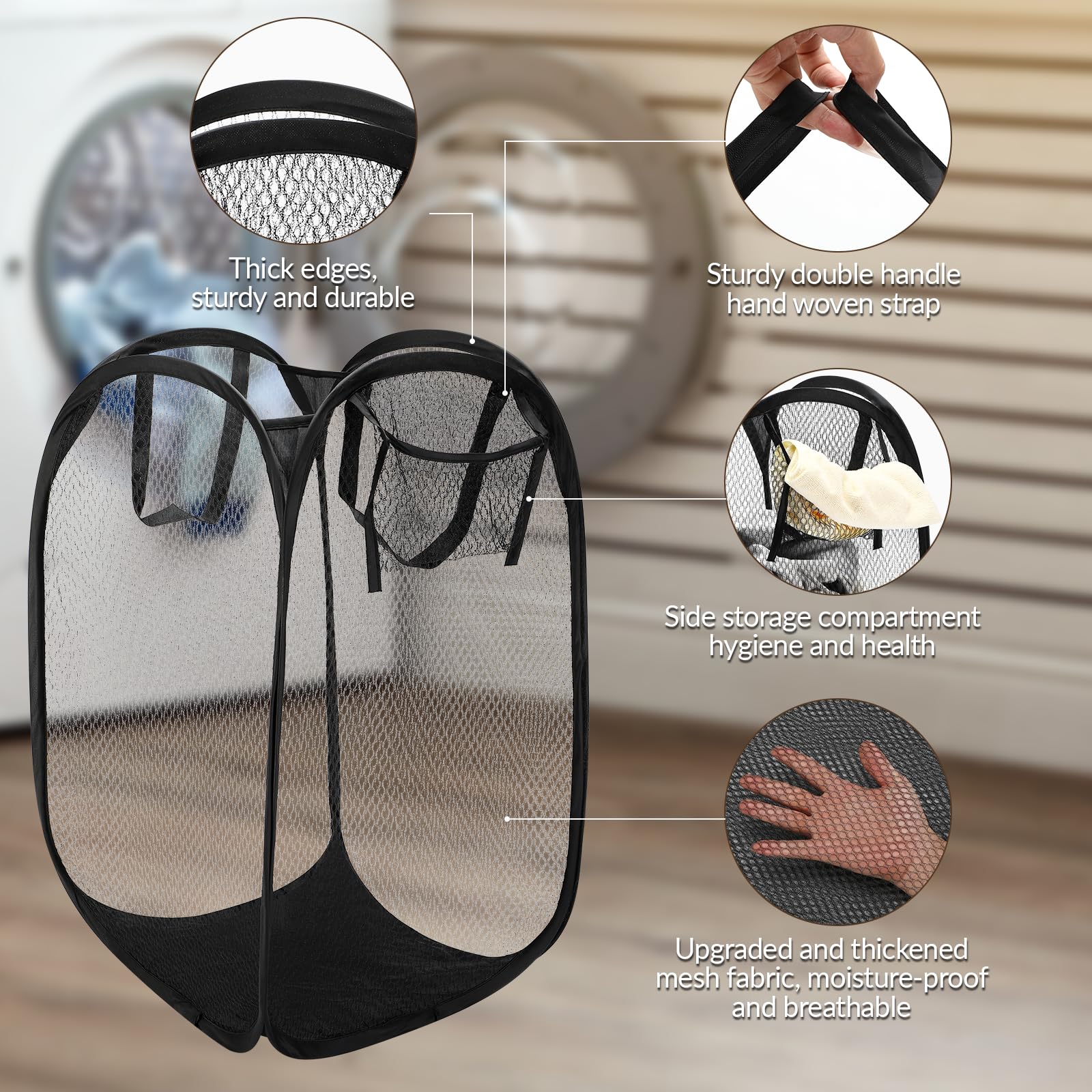 2 stuks pop-up wasmand, 36 x 36 x 58 cm, opvouwbare wasmand, opvouwbare wasmand met handvat, draagbare wasmand van mesh, opvouwbare pop-up mand voor badkamer, slaapzaal, reizen (zwart