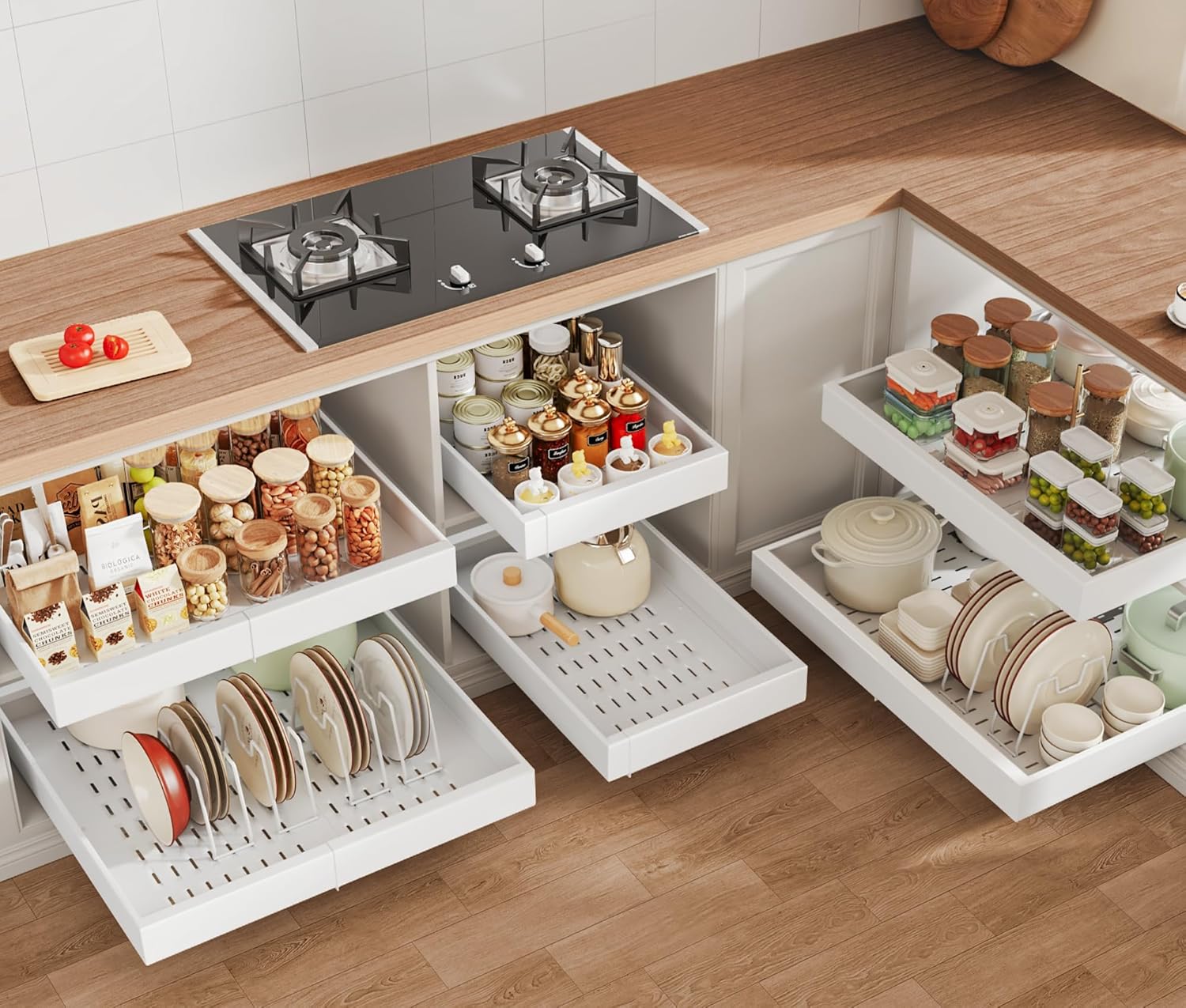 6 Pack Pull out Cabinet Organizer 21"Deep, Expandable Slide out Drawers for Kitchen Cabinets with 6pcs Divider Racks, Peel and Stick Pull out Drawers, Cabinet Roll out Shelves 12.4"-20.5" W (White) White 12.4"-20.5"W x 21"D(6Pack)