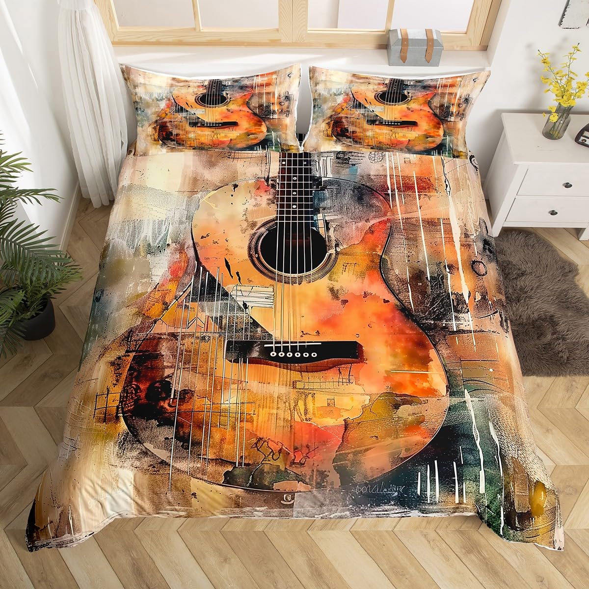 Homewish Vinatge Guitar King Bedding Set for Kids Bedroom,Ombre Grunge Rock Music Duvet Cover for Boys Girls,Distressed Musical Instrument Bedding Set,Retro Orange Yellow Quilt Cover