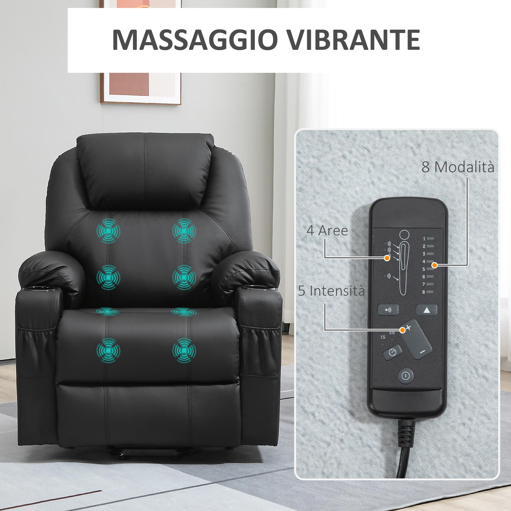 HOMCOM Poltrona Elettrica Alzapersona Reclinabile 135°, Poltrona Relax Elettrica in PU con 8 Punti Massaggianti, 2 Portabicchieri, Tasche Laterali, Telecomando e Poggiapiedi, Nero