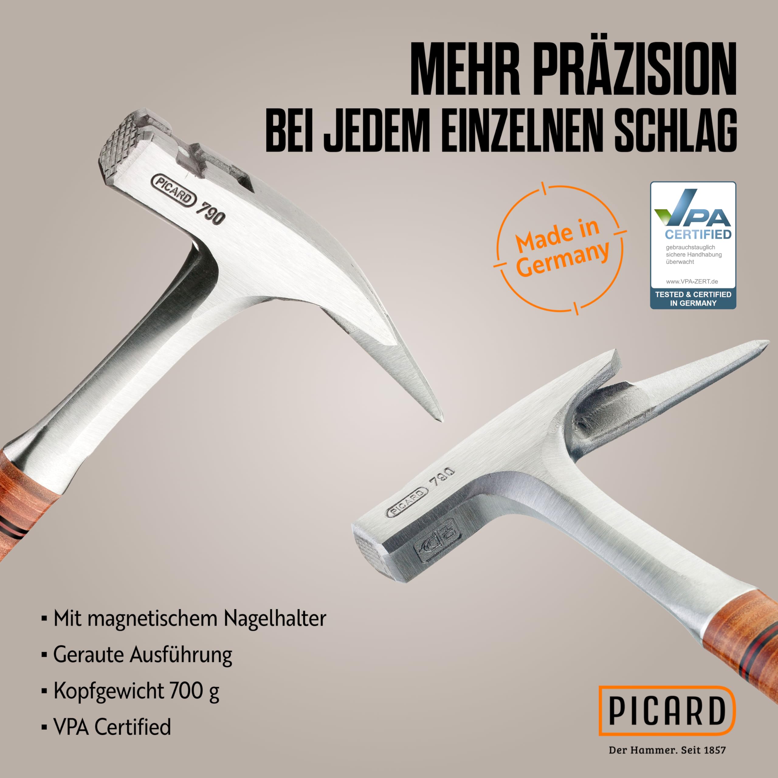 PICARD Ganzstahl-Latthammer Nr. 790 geraut | Magnetischer Nagelhalter | Ledergriff aus verwindungssicherem Kernleder | Gewicht: 907g | Ideal für Dachdecker & Schreiner | Made in Germany seit 1857