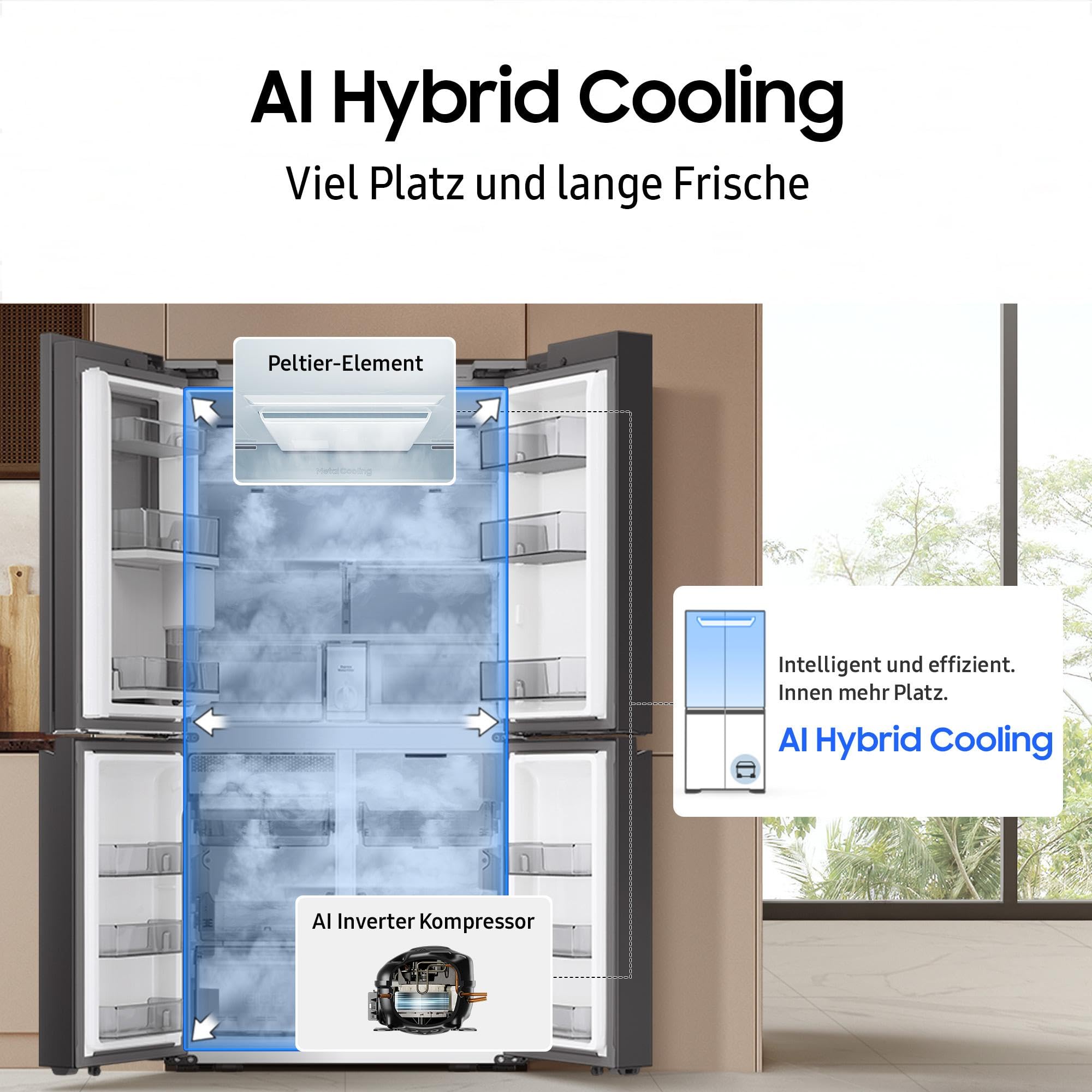 Samsung RM90F67CECEF Bespoke French Door Kühlschrank, 185 cm, 654 l, 255 l Gefriervolumen, AI Home, AI Vision mit integrierter Kamera, Beverage Center, Clean Deep Charcoal