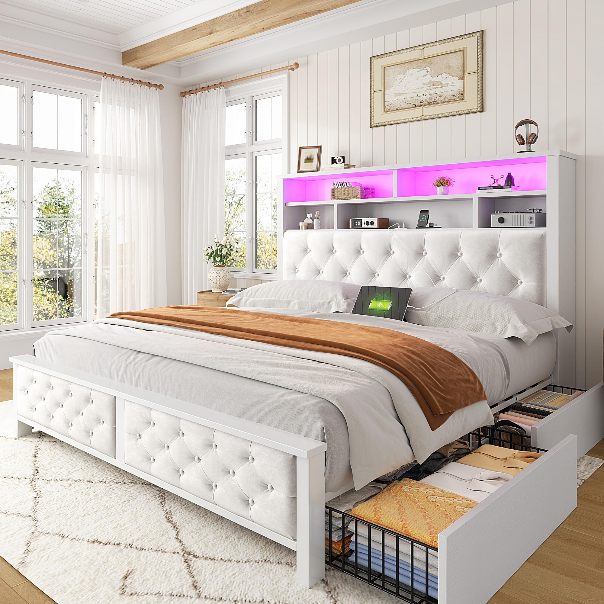 EnHomee Full Size Bed Frame with 4 Storage Drawers and Headboard Upholstered,Wooden Full Bed Frame with Charging Station and LED Light,NO Noise,No Box