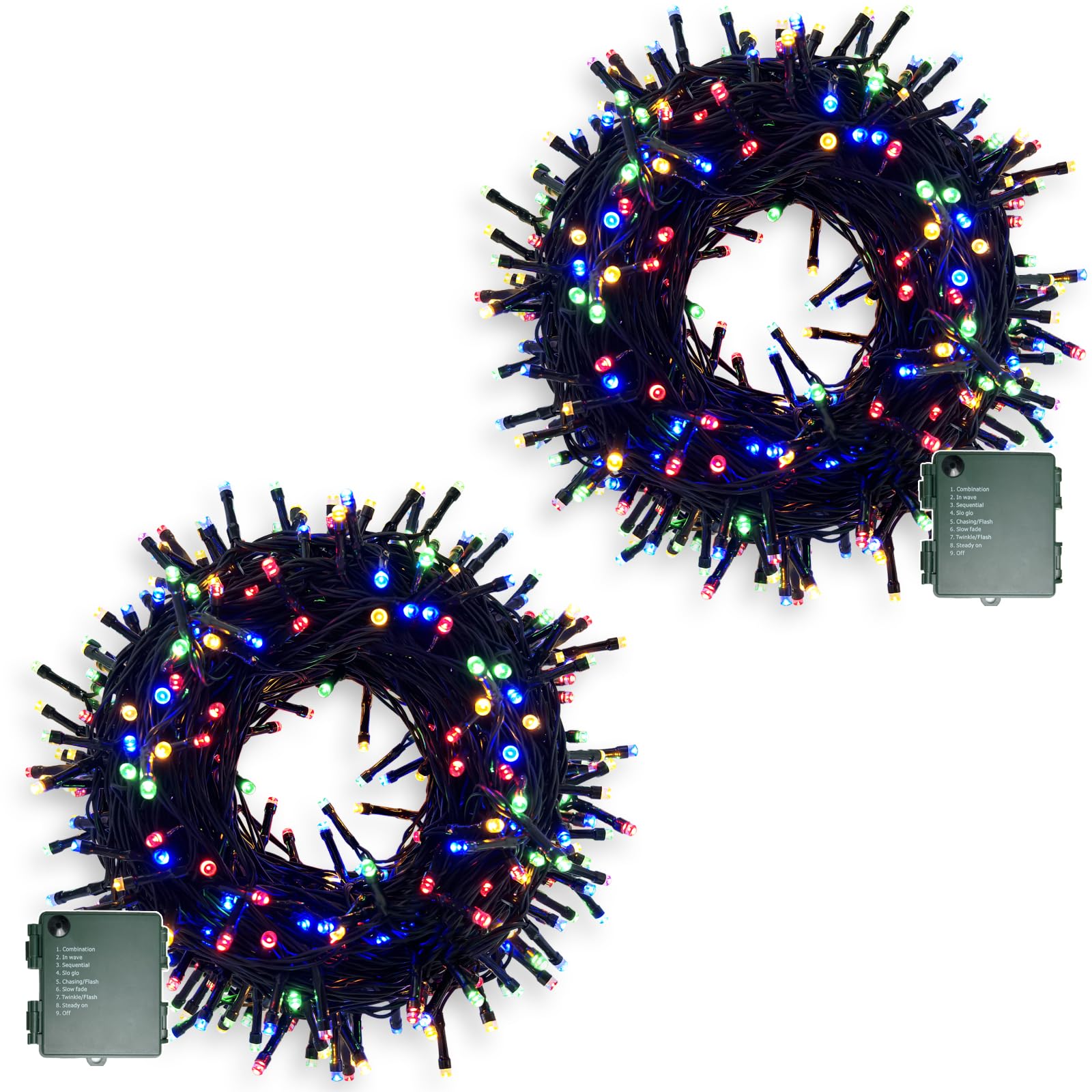 Cadena de luces con pilas, 200 ledes, 20 m, cadena de luces LED para exterior e interior, con temporizador, 9 modos, funciona con pilas, para Navidad, jardín, cable verde, impermeable